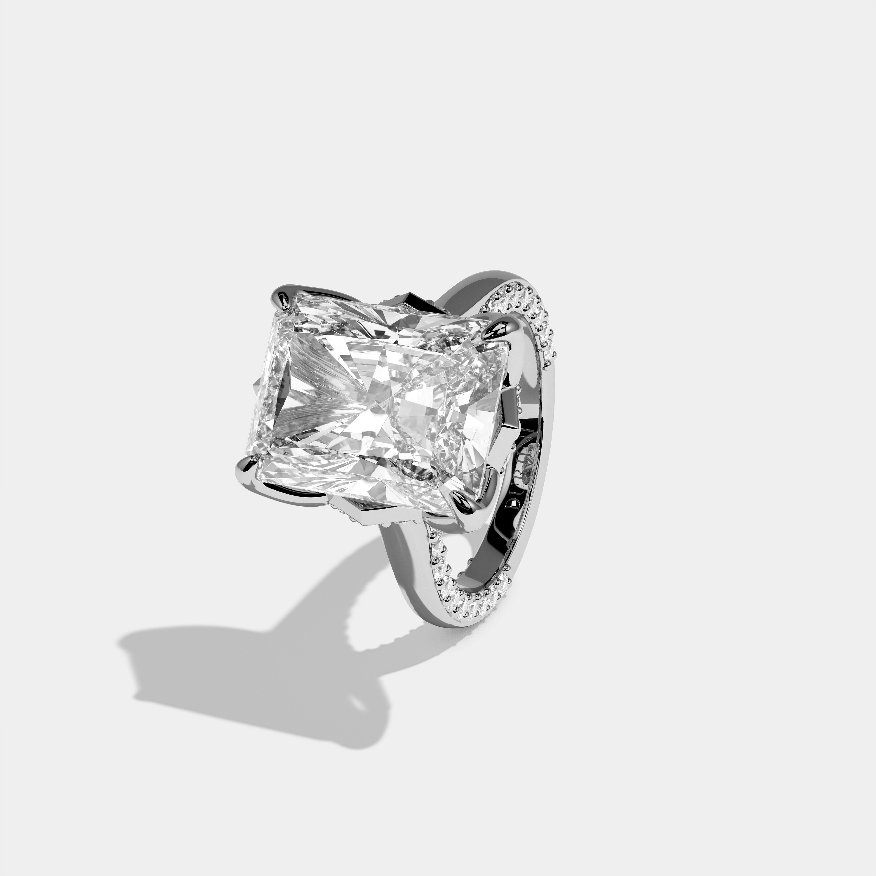 Elisheva diamond radiant halo engagement ring in 18K white gold by Kurbãni Durjini, left view