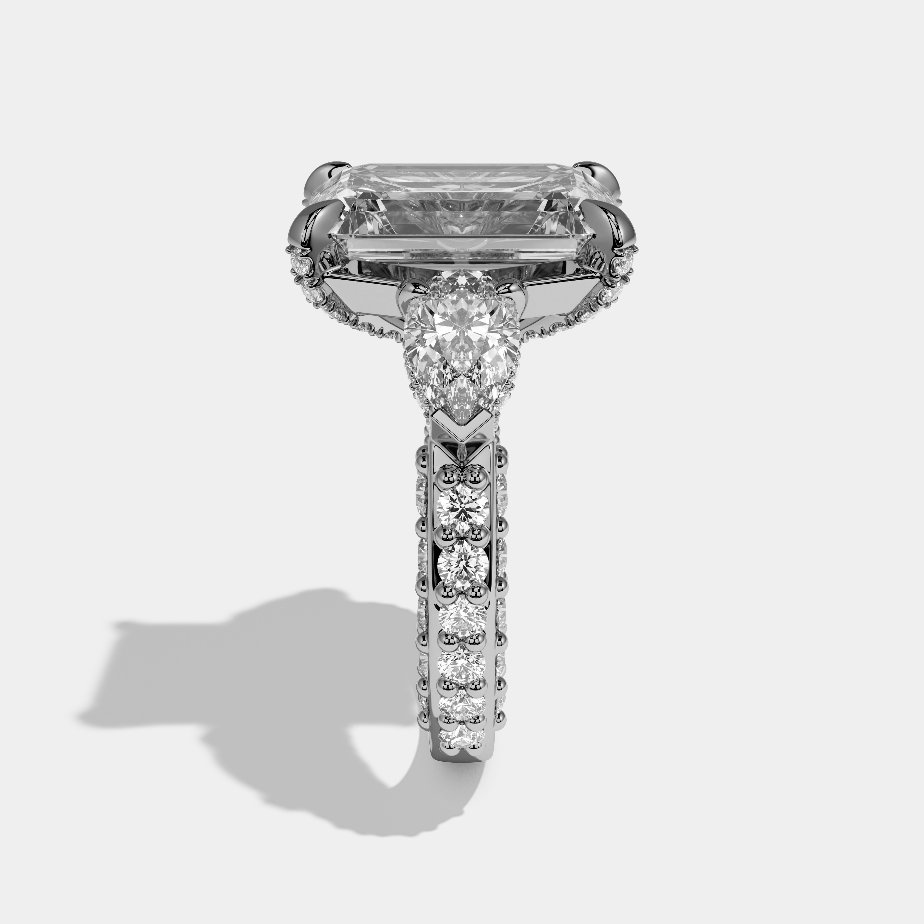 Florence Emerald Cut Diamond Halo With Pear Cut Side Diamond Band Engagement Ring 10ct 18k White Gold