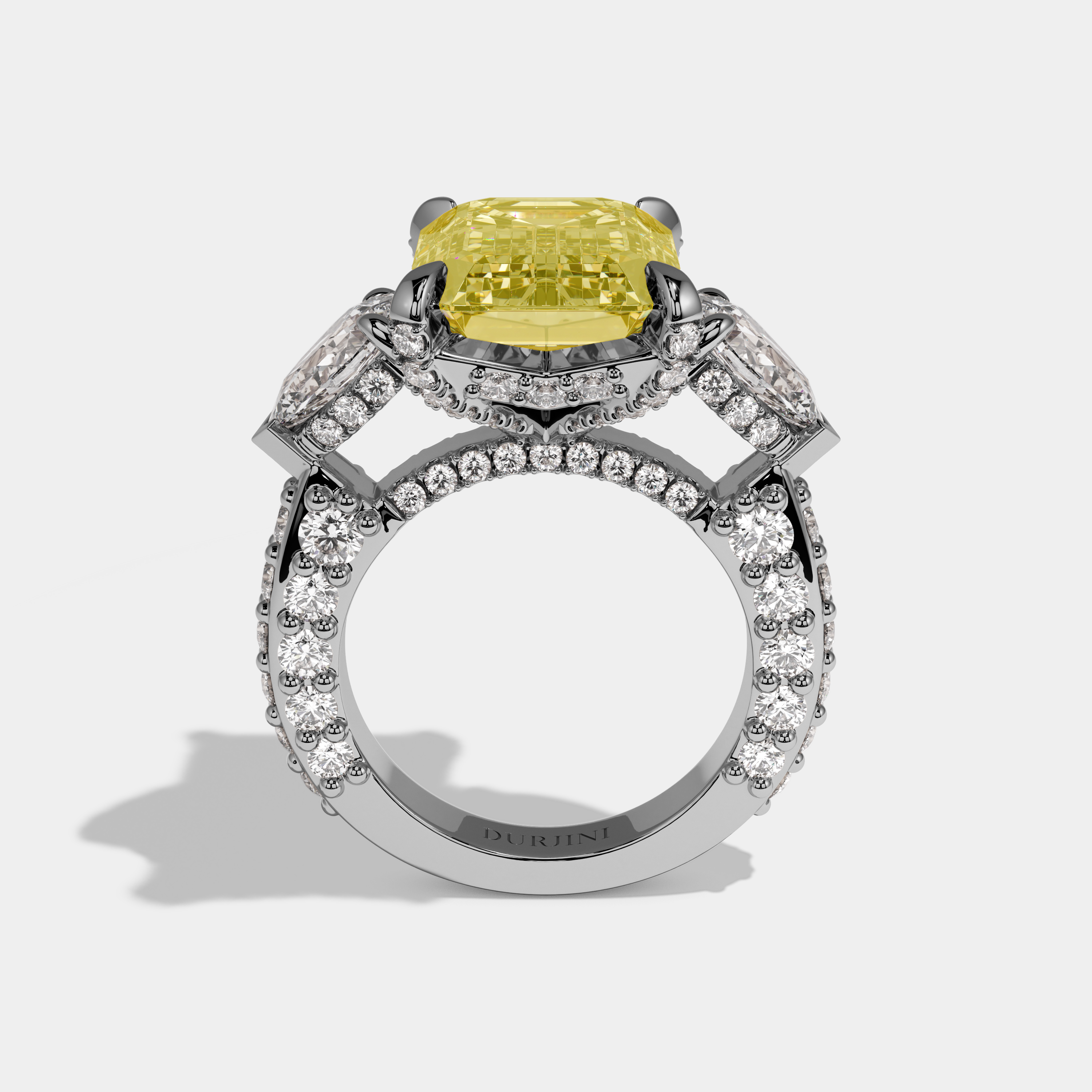 Florence Fancy Yellow Emerald Cut Diamond Halo With Pear Cut Side Diamond Band Engagement Ring 10ct 18k White Gold