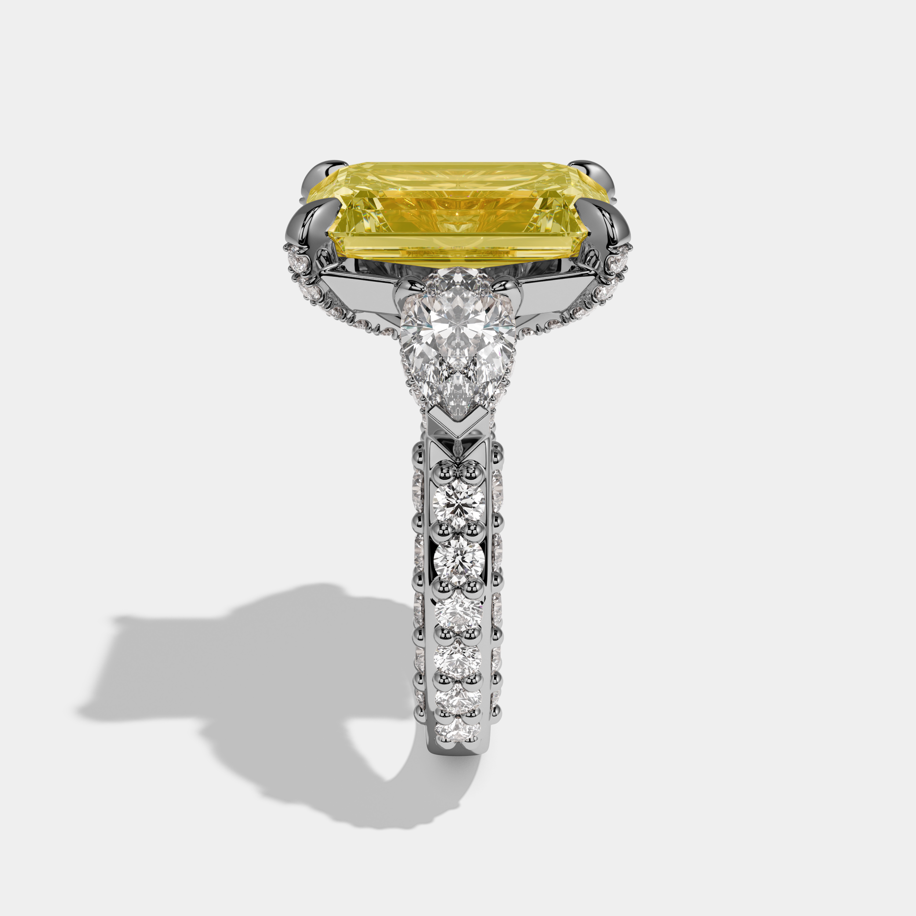 Florence Fancy Yellow Emerald Cut Diamond Halo With Pear Cut Side Diamond Band Engagement Ring 10ct 18k White Gold
