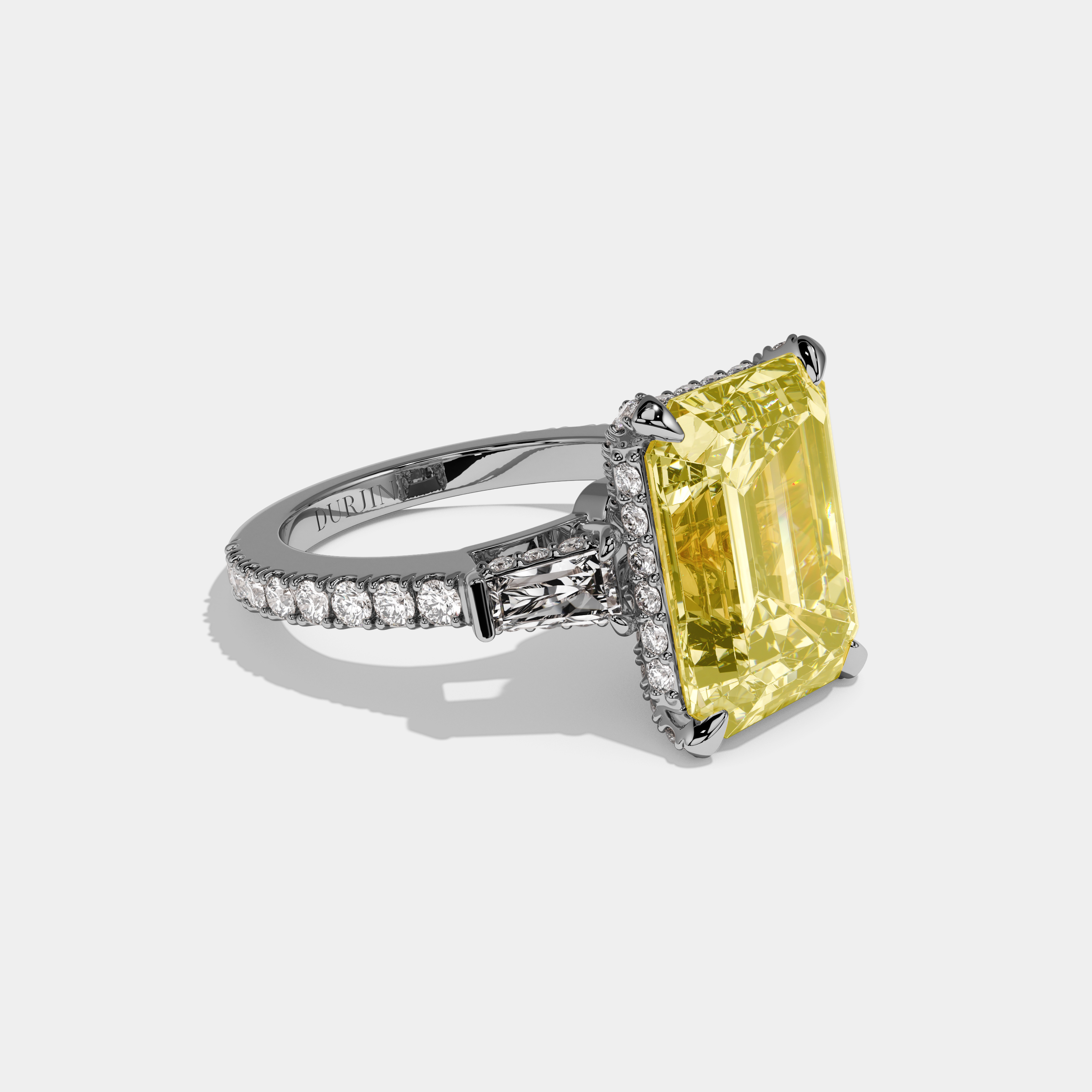 Rosalina Fancy Yellow Emerald Cut Diamond Halo Band With Twin Baguette Sides Engagement Ring 8ct 18k White Gold