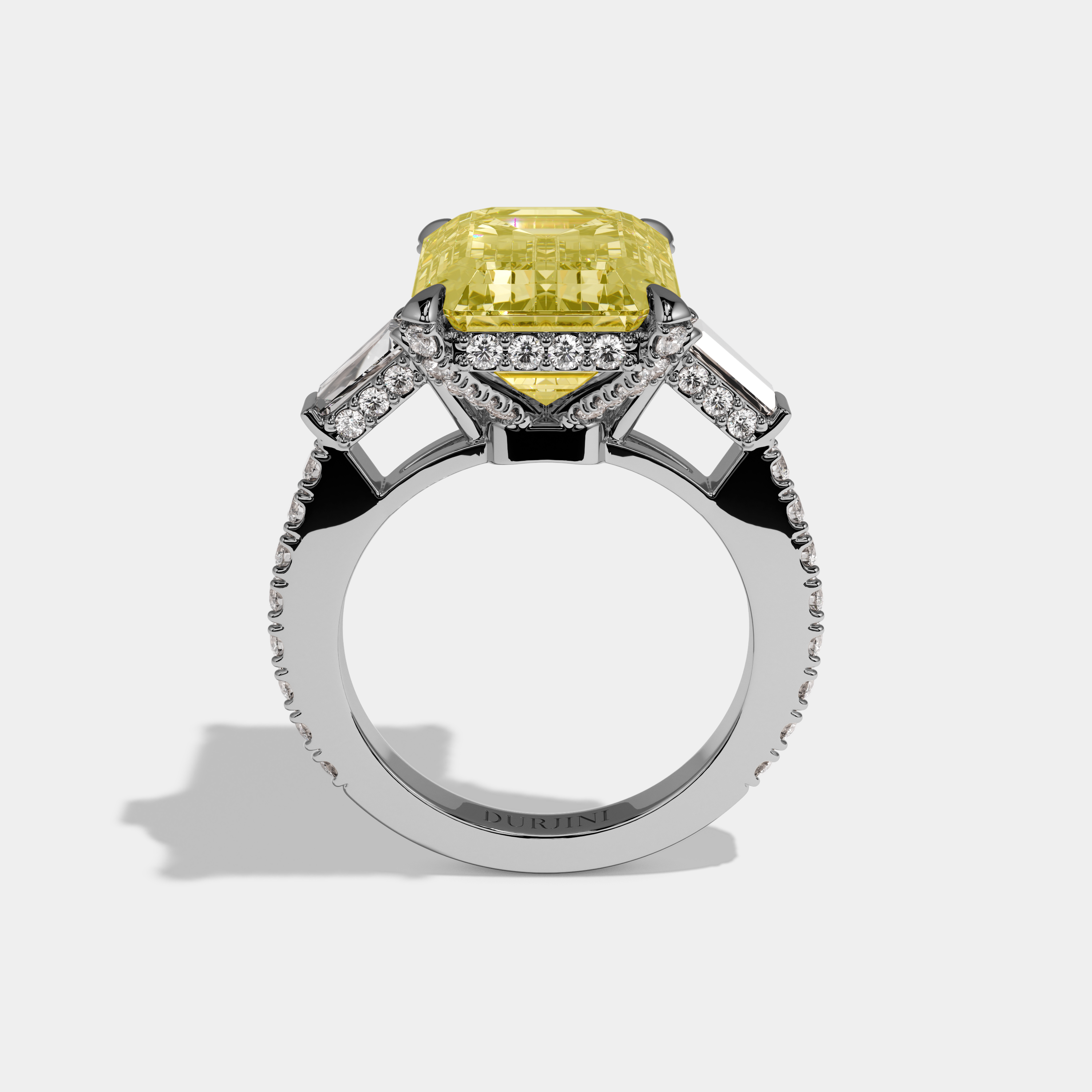 Rosalina Fancy Yellow Emerald Cut Diamond Halo Band With Twin Baguette Sides Engagement Ring 8ct 18k White Gold