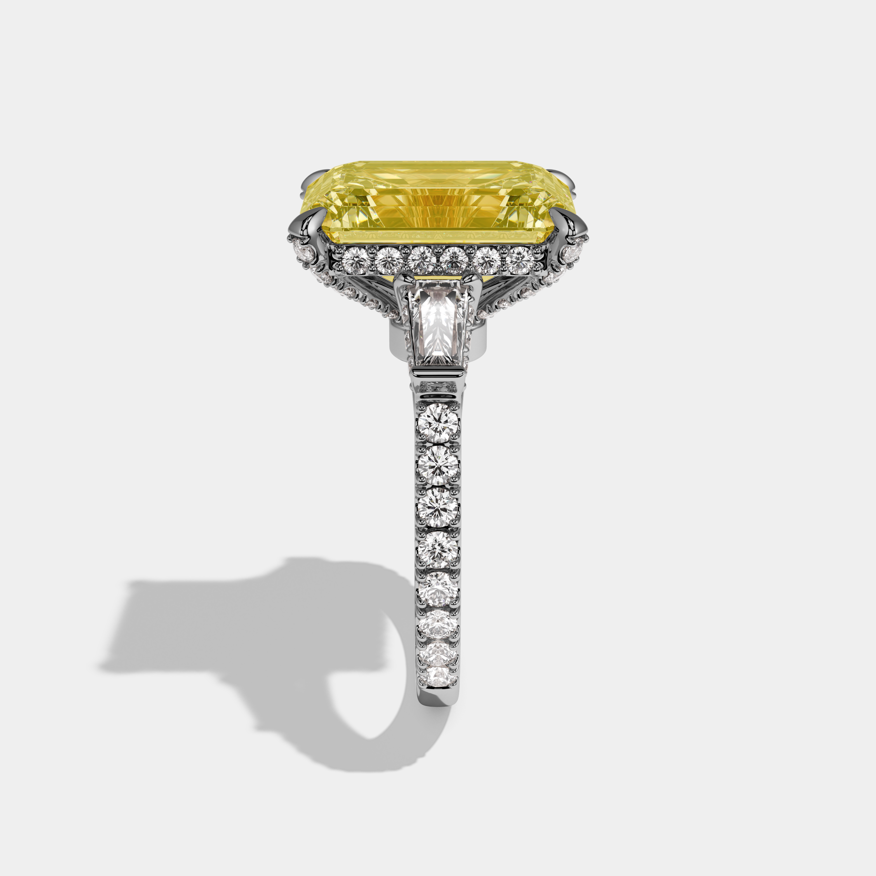 Rosalina Fancy Yellow Emerald Cut Diamond Halo Band With Twin Baguette Sides Engagement Ring 8ct 18k White Gold