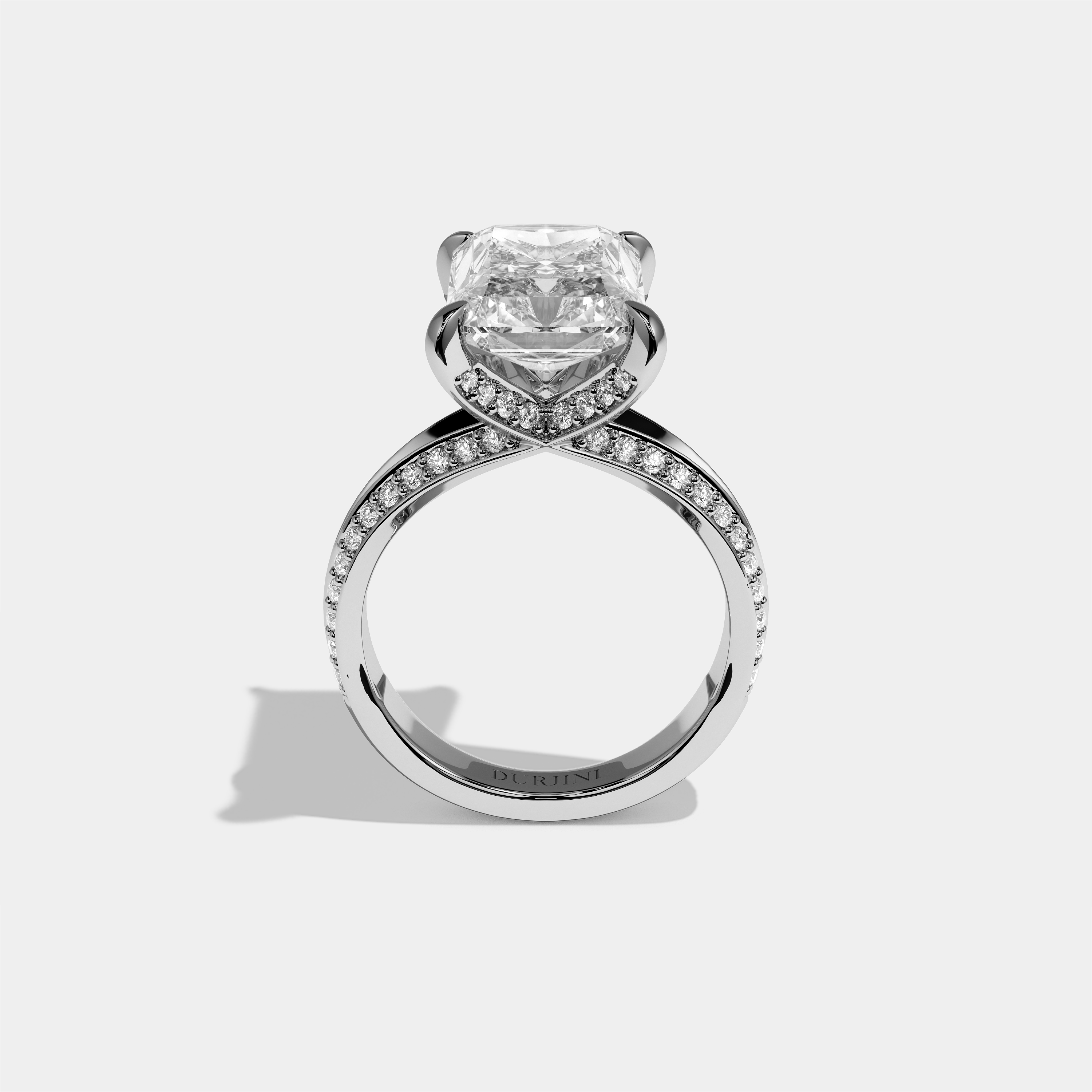 Gila Eclat diamond radiant halo engagement ring in 18K white gold by Kurbãni Durjini, full view