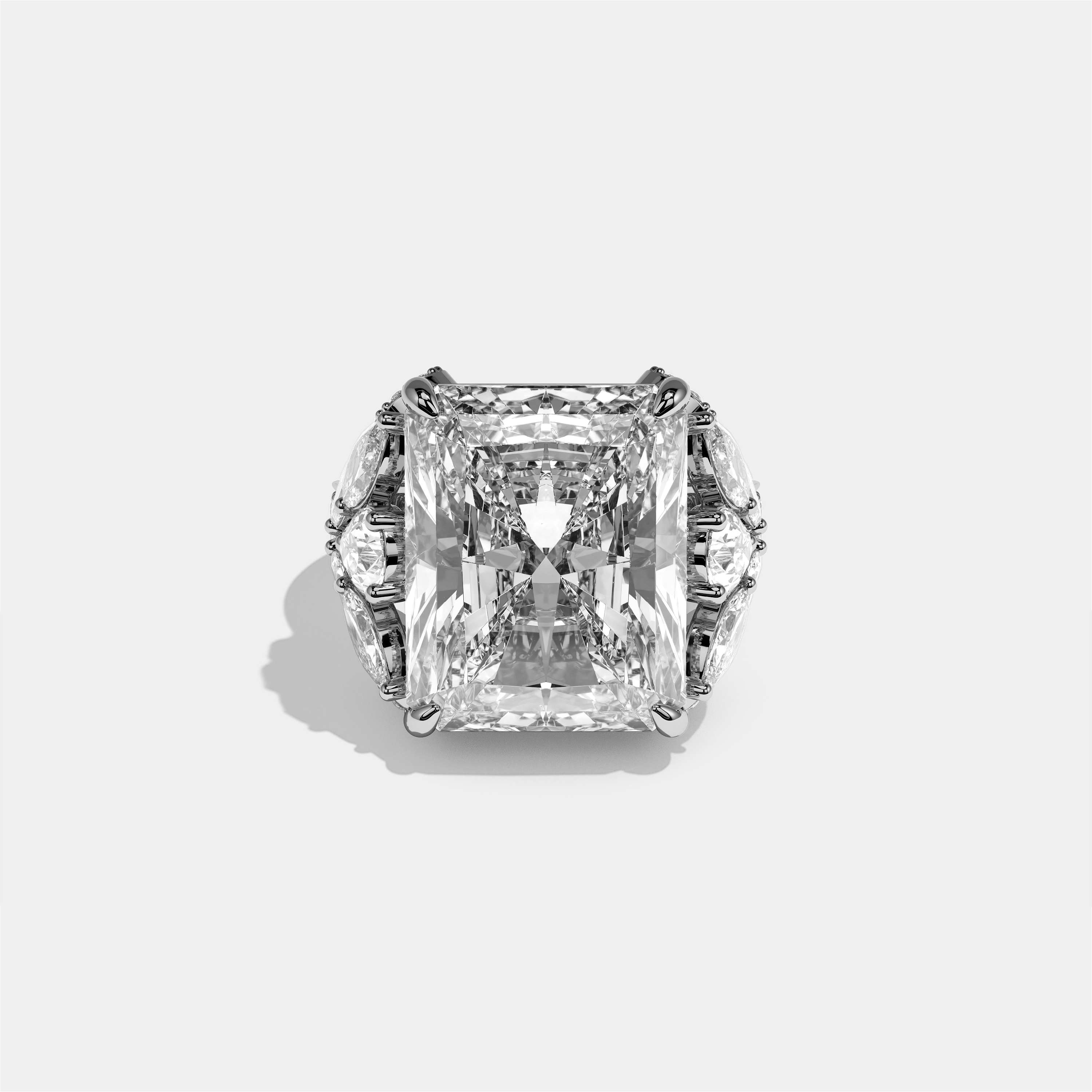 Keren diamond radiant halo engagement ring in 18K white gold by Kurbãni Durjini, front view