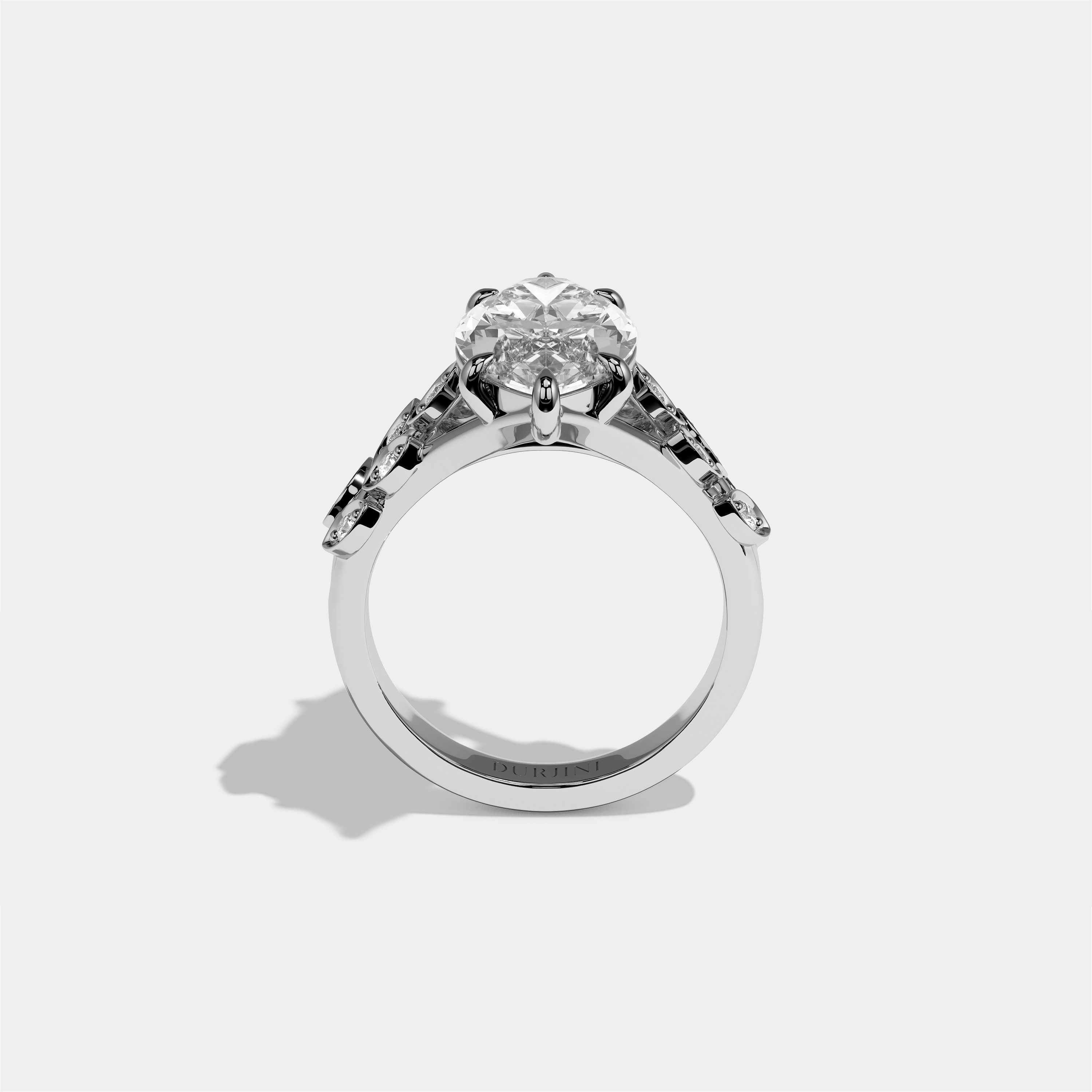 Aurisse Eclat diamond marquise halo engagement ring in 18K white gold by Kurbãni Durjini, full view