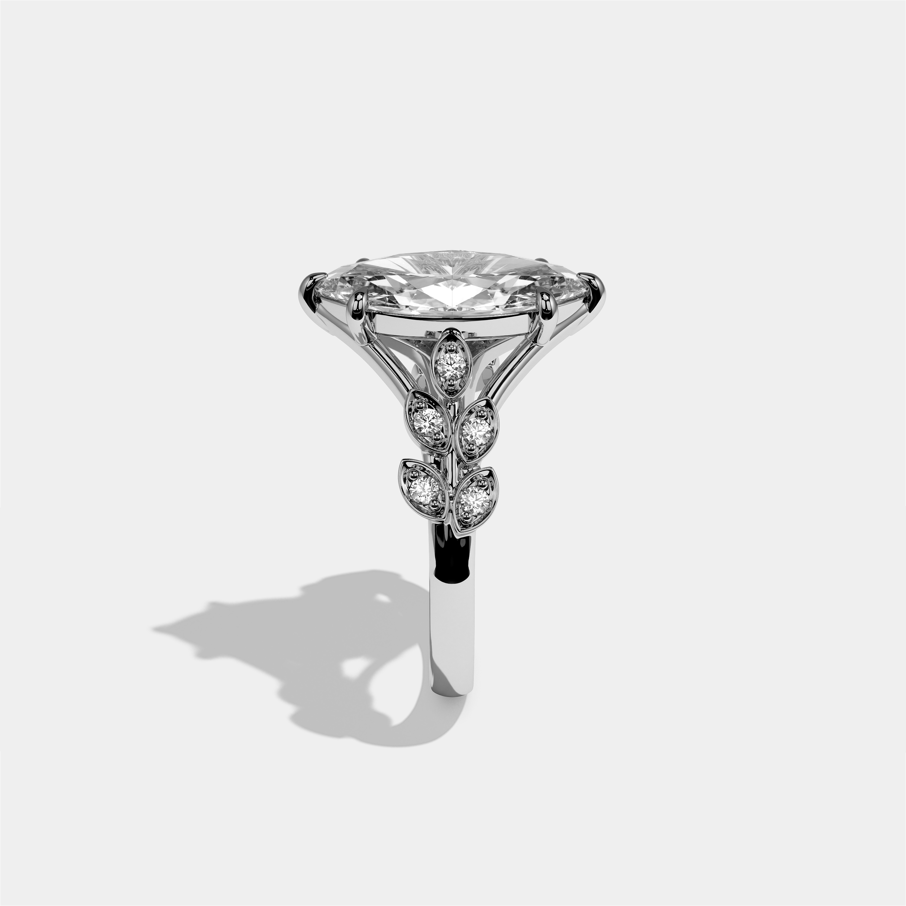 Aurisse Eclat diamond marquise halo engagement ring in 18K white gold by Kurbãni Durjini, side view