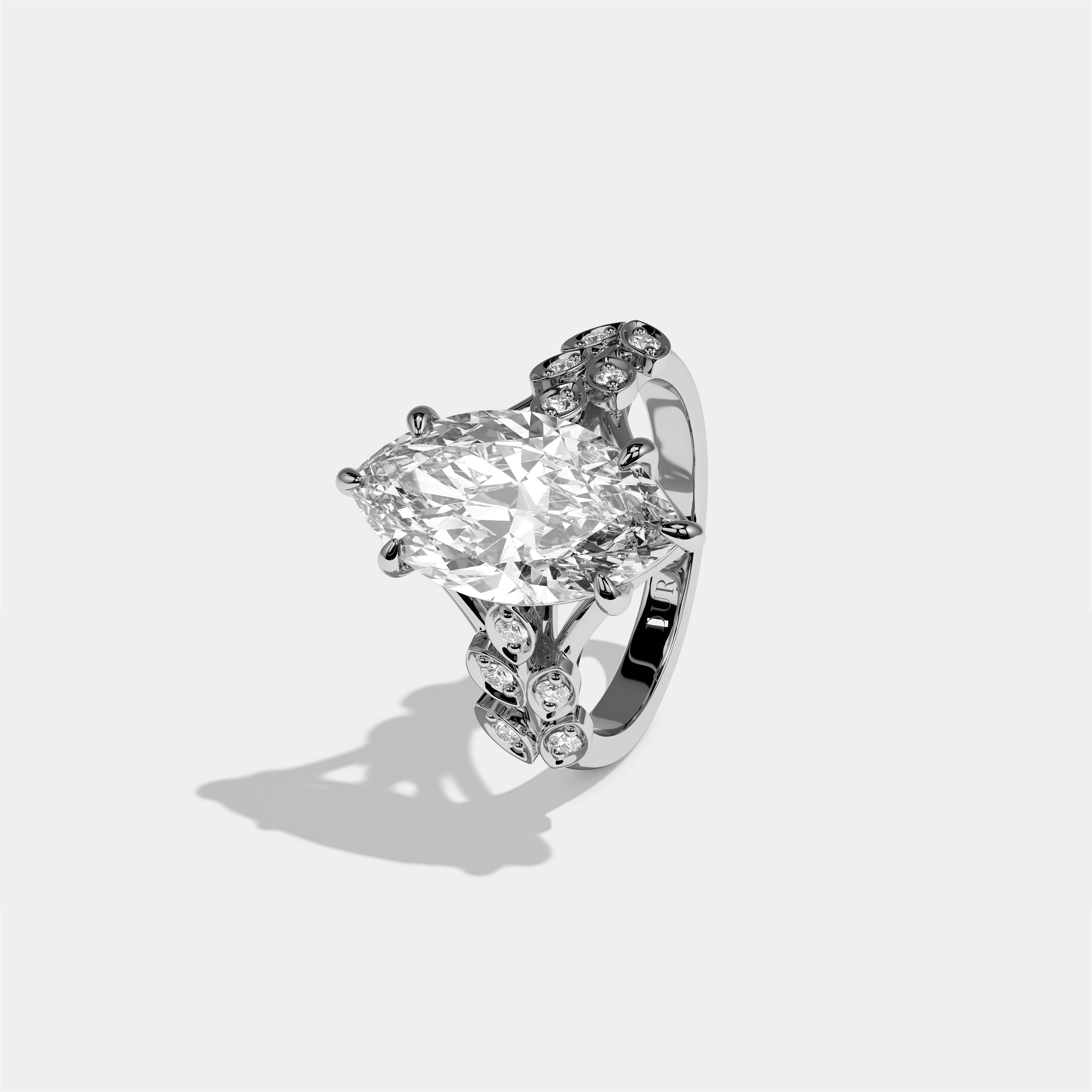 Aurisse Eclat diamond marquise halo engagement ring in 18K white gold by Kurbãni Durjini, left view