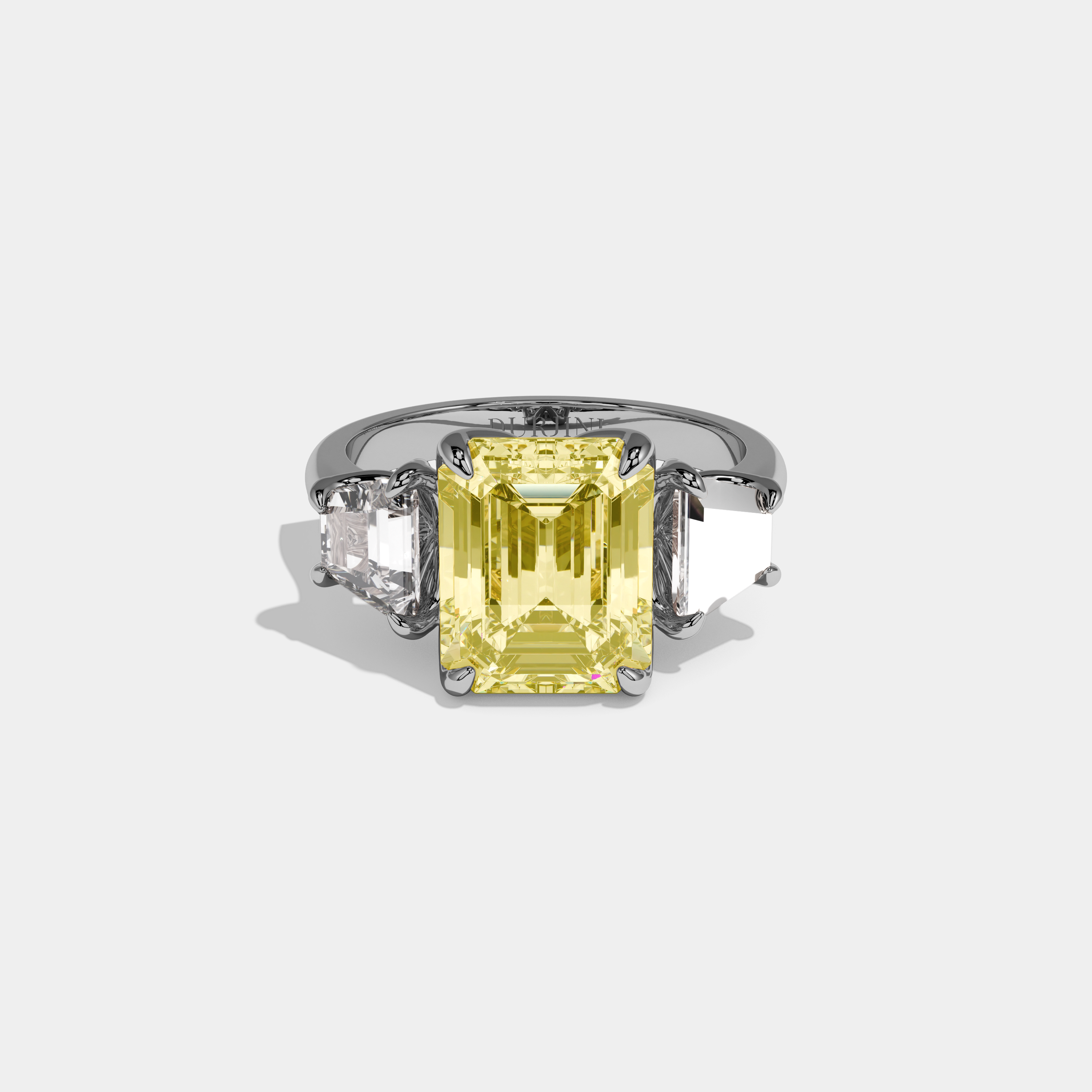 Cordelia Fancy Yellow Emerald Cut Diamond Halo Plain Band With Trapezoid sides Engagement Ring 8ct 18k White Gold
