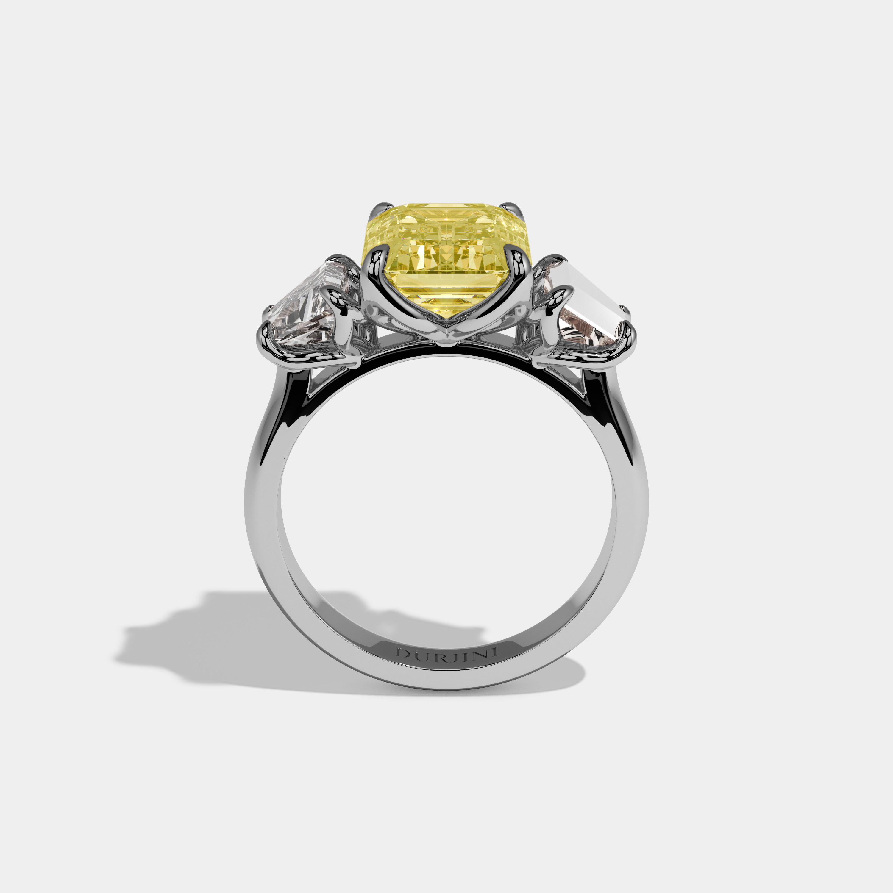 Cordelia Fancy Yellow Emerald Cut Diamond Halo Plain Band With Trapezoid sides Engagement Ring 8ct 18k White Gold