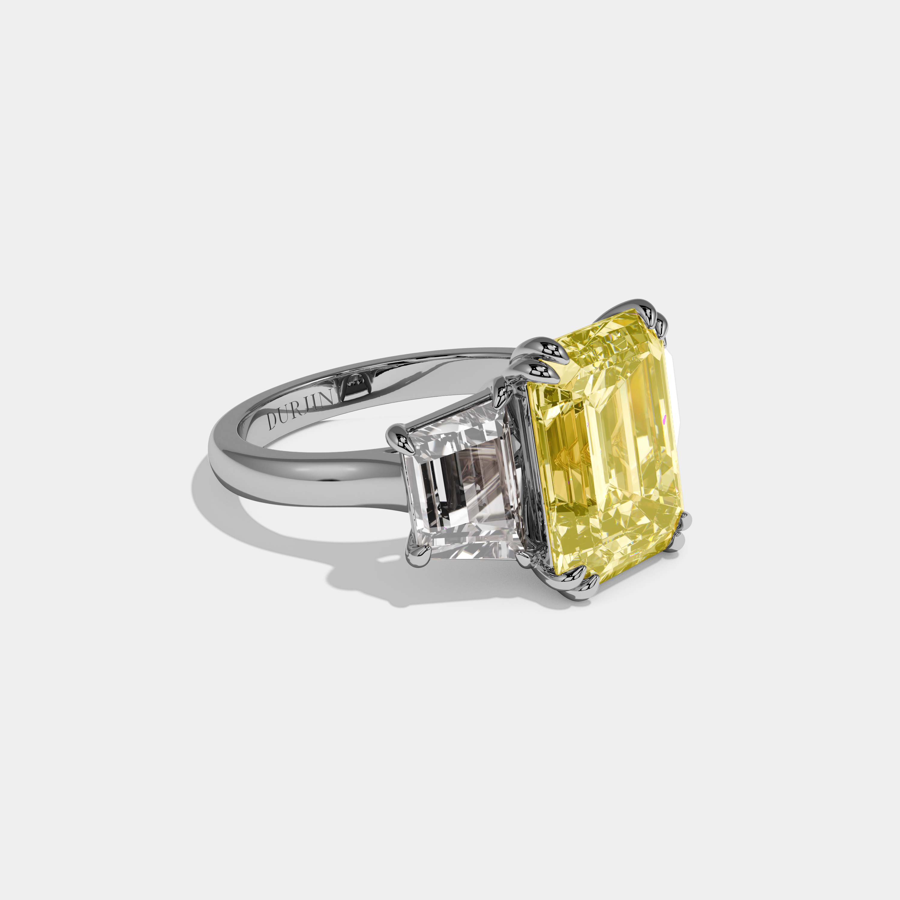 Seraphina Fancy Yellow Emerald Cut Diamond Halo Plain Band With Twin Stepcut Sides Engagement Ring 8ct 18k White Gold