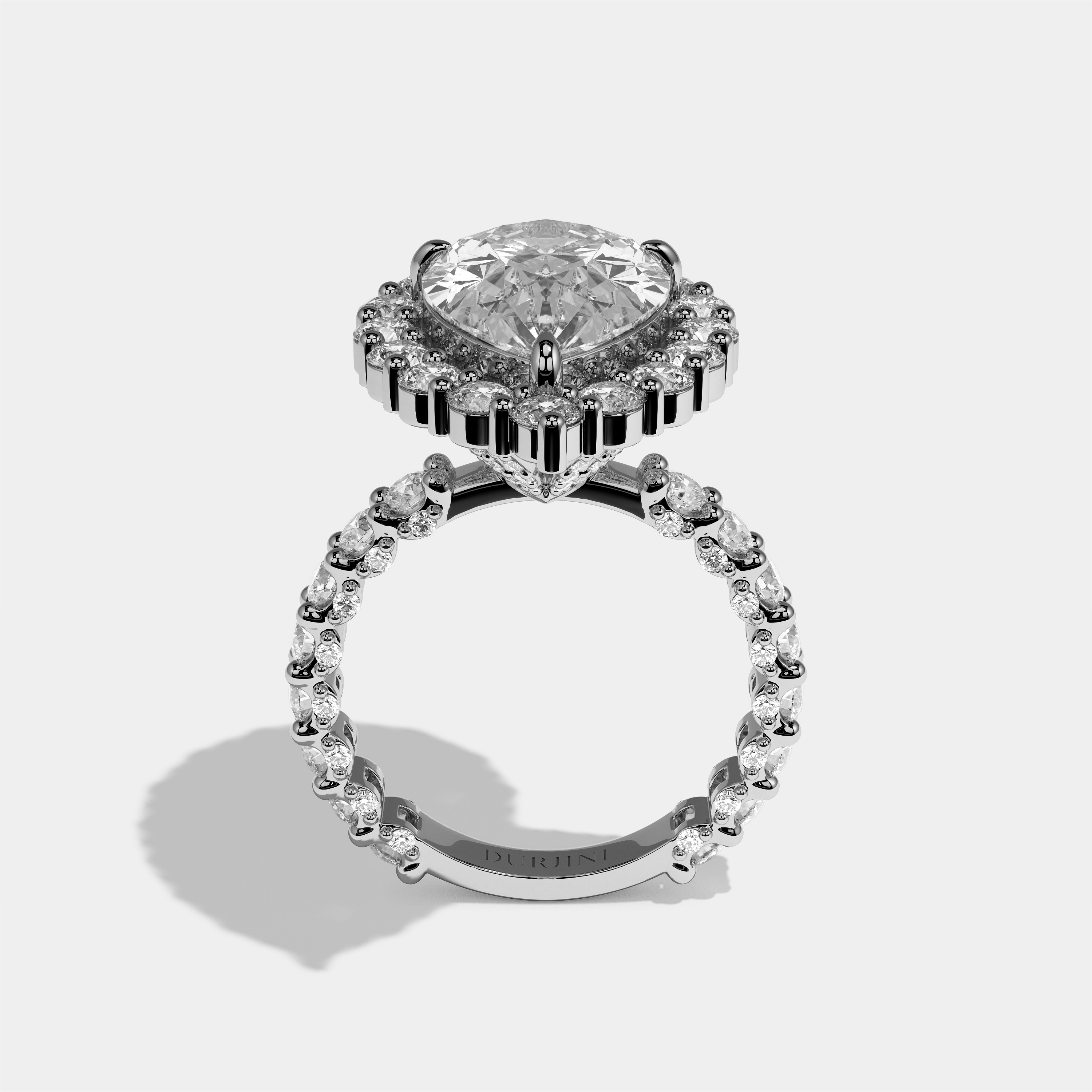 Judith diamond pear halo engagement ring in 18K white gold by Kurbãni Durjini, full view