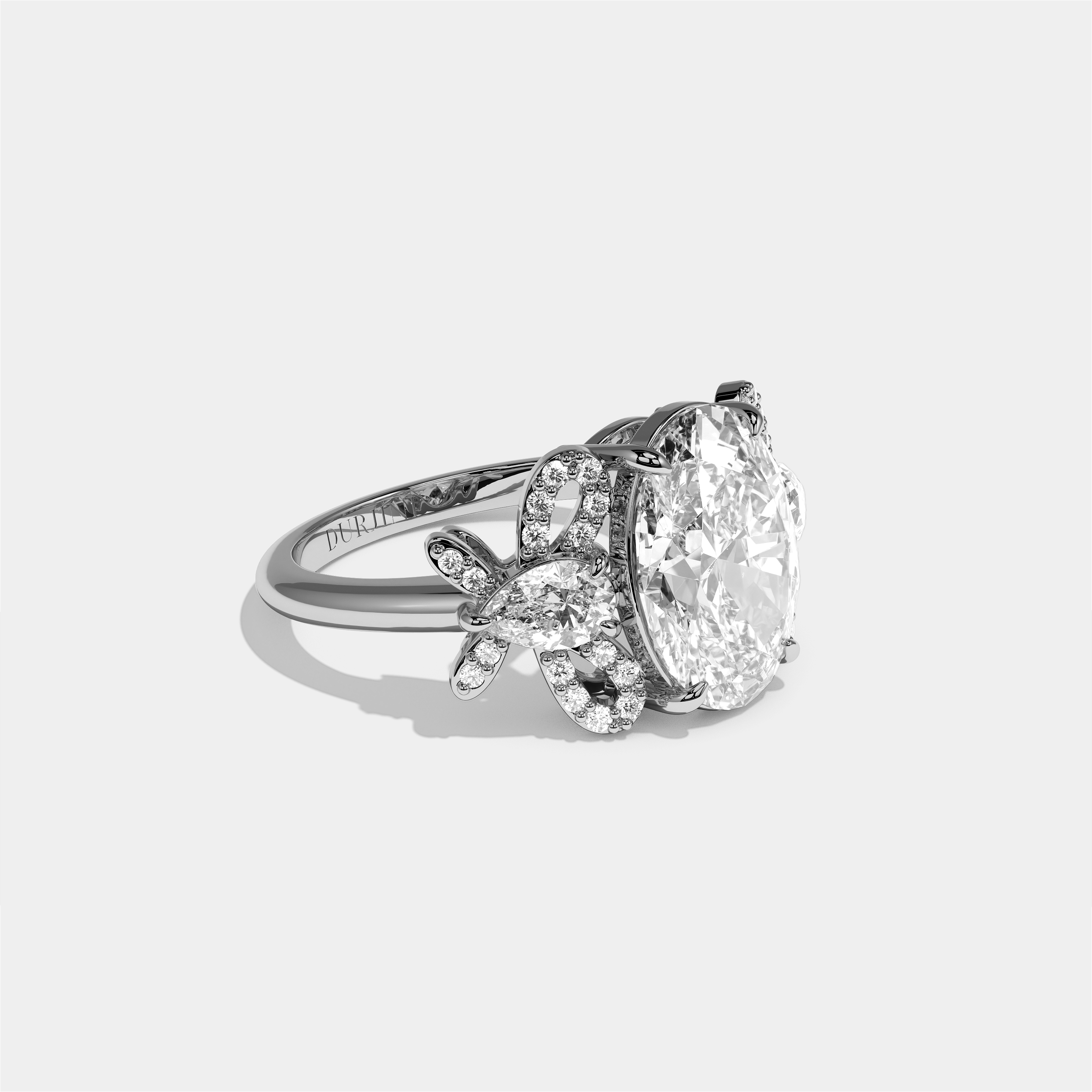 Malkah diamond oval halo engagement ring in 18K white gold by Kurbãni Durjini, right view