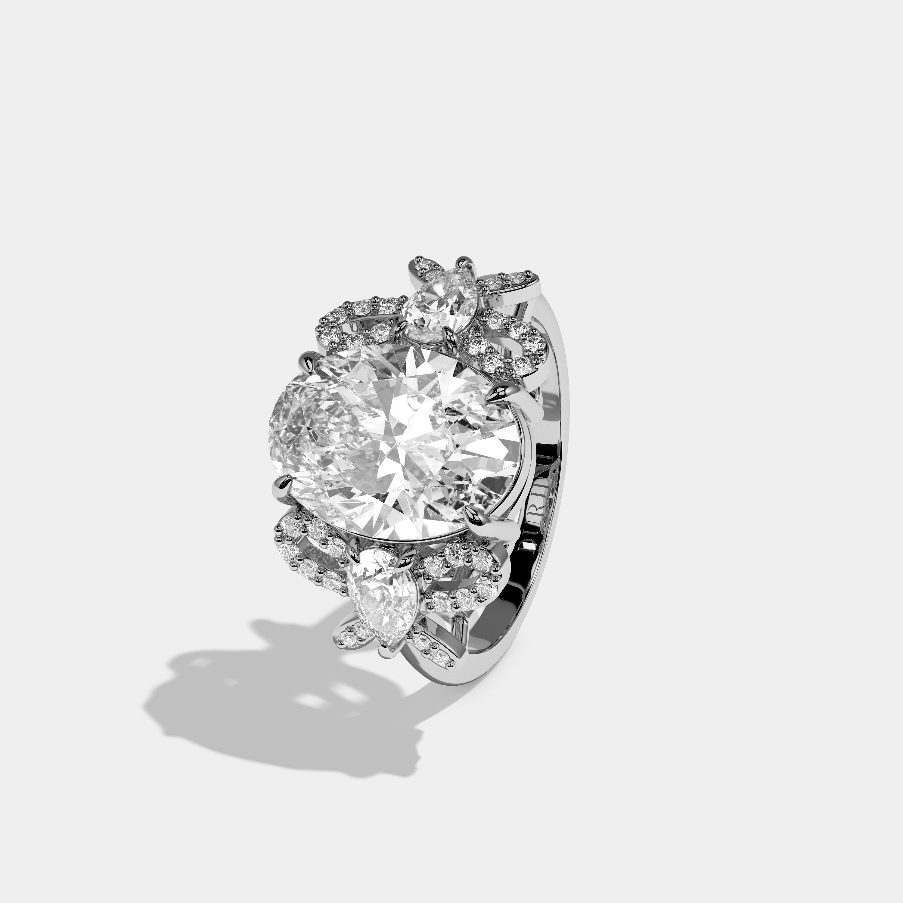 Malkah diamond oval halo engagement ring in 18K white gold by Kurbãni Durjini, left view