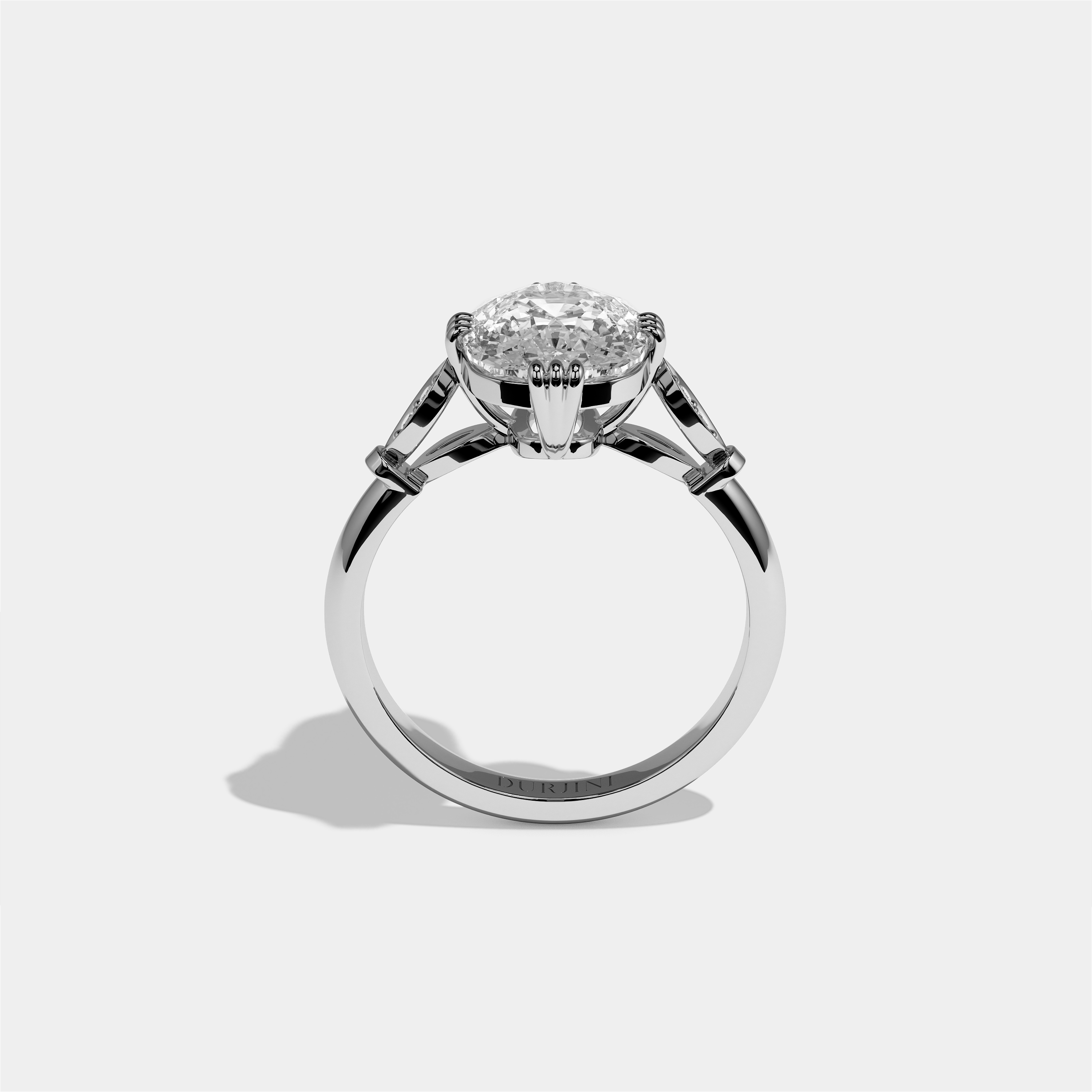 Ayala diamond cushion halo engagement ring in 18K white gold by Kurbãni Durjini, full view