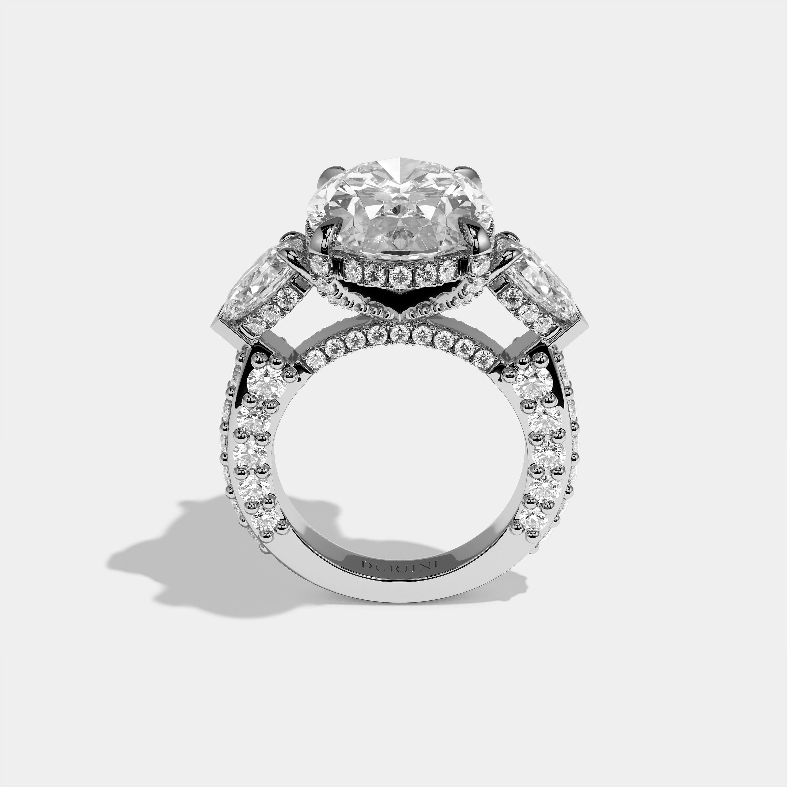 Shira diamond oval halo engagement ring in 18K white gold by Kurbãni Durjini, full view