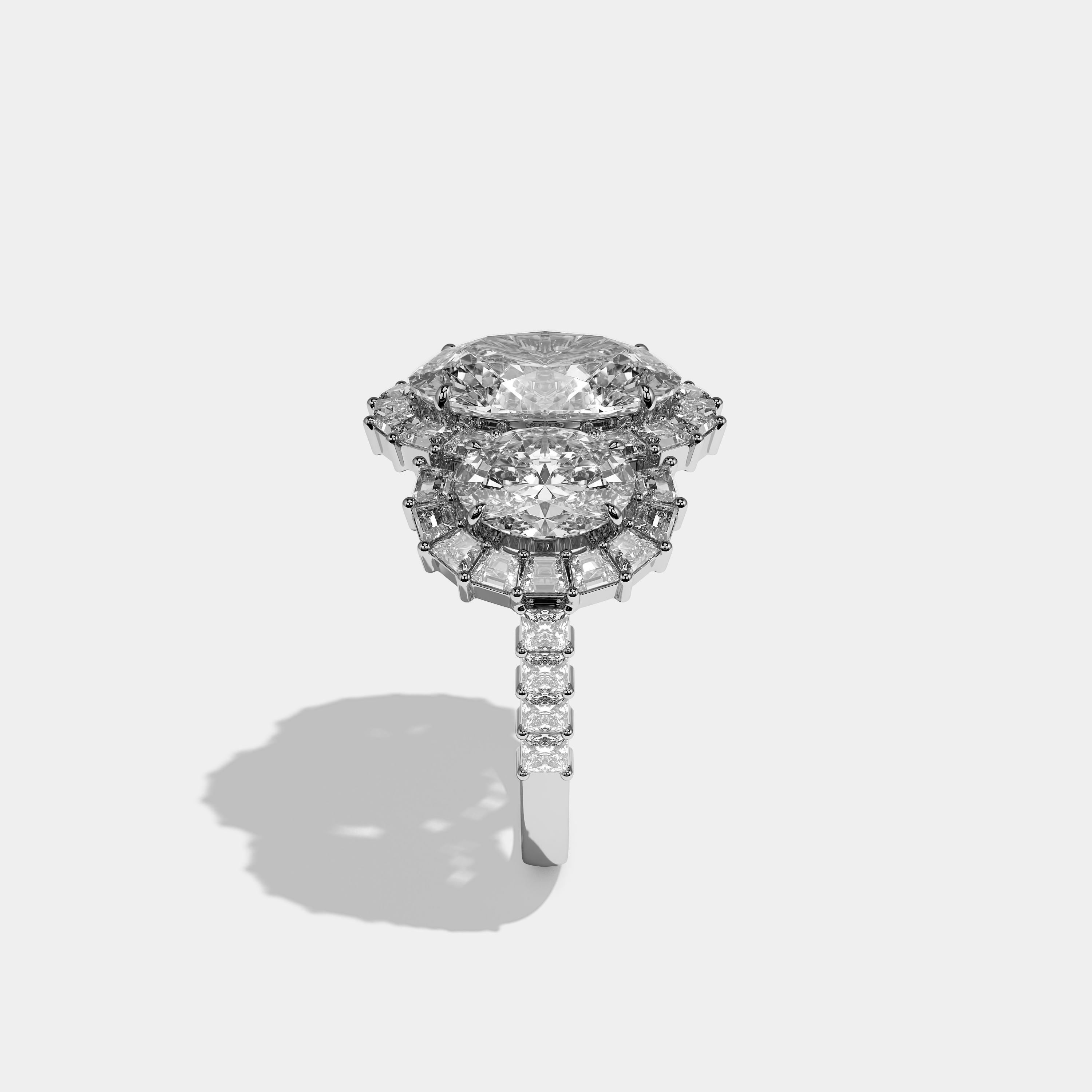 Shira diamond oval halo engagement ring in 18K white gold by Kurbãni Durjini, side view