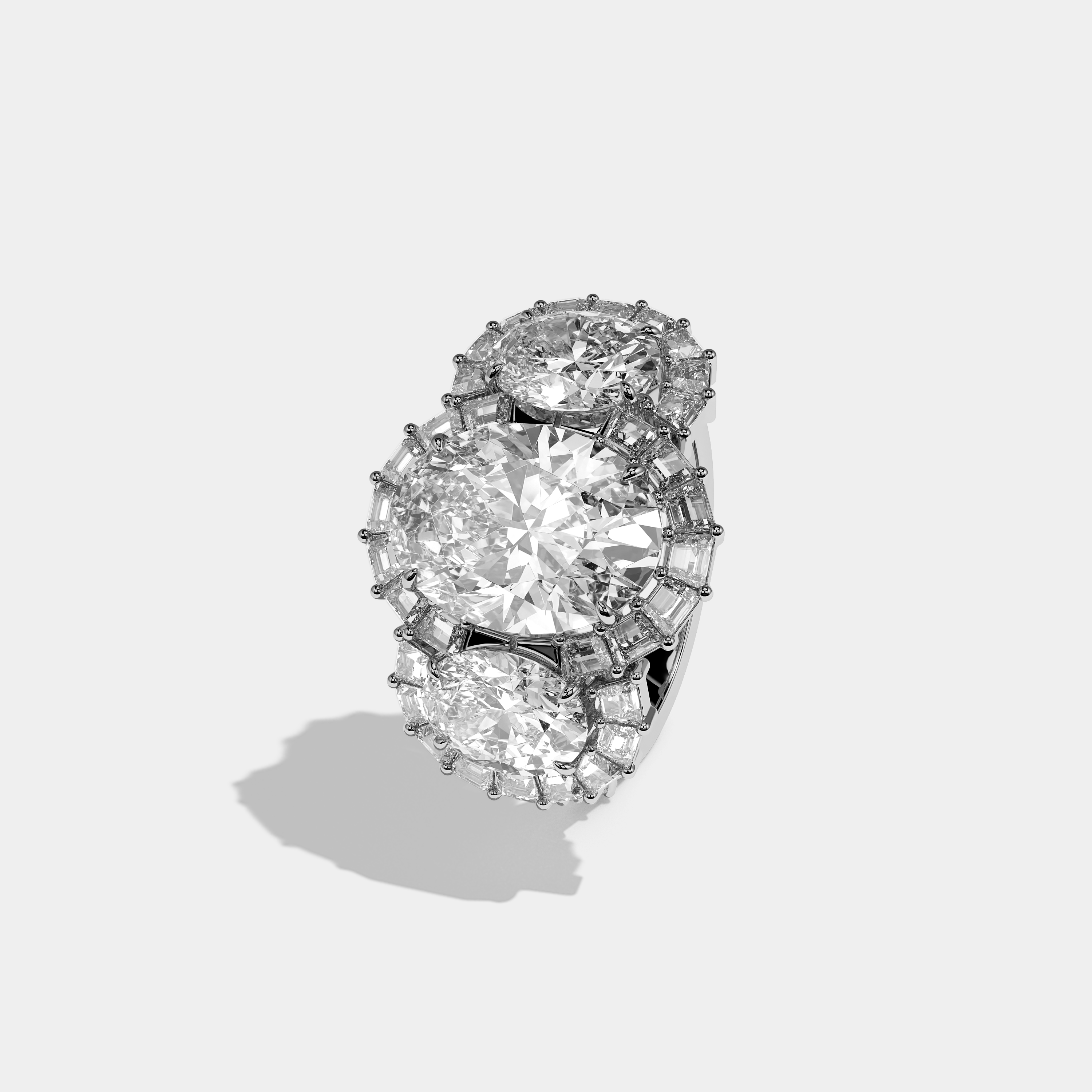 Shira diamond oval halo engagement ring in 18K white gold by Kurbãni Durjini, left view