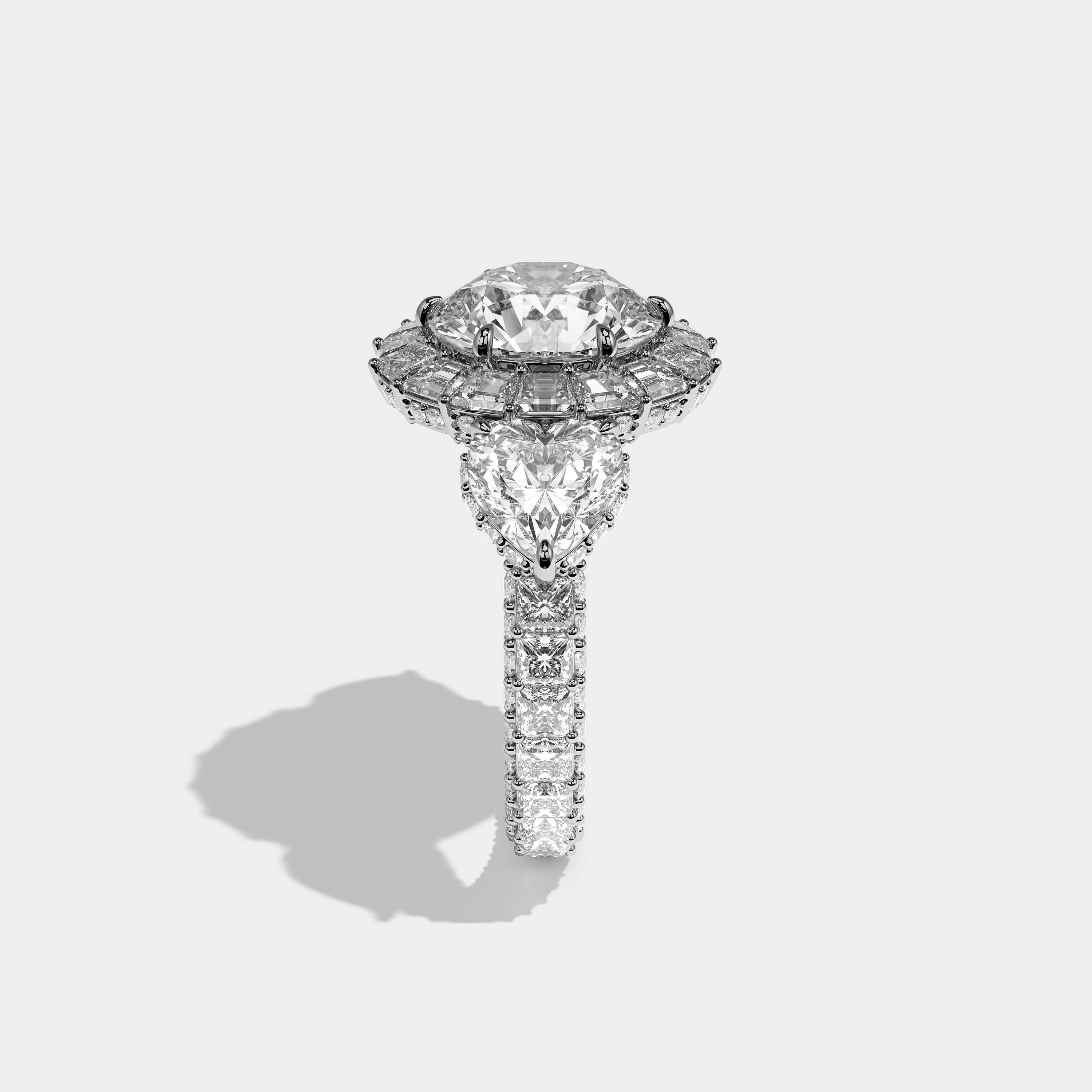 Shira 15.00ct diamond round brilliant halo engagement ring in 18K white gold by Kurbãni Durjini, side view