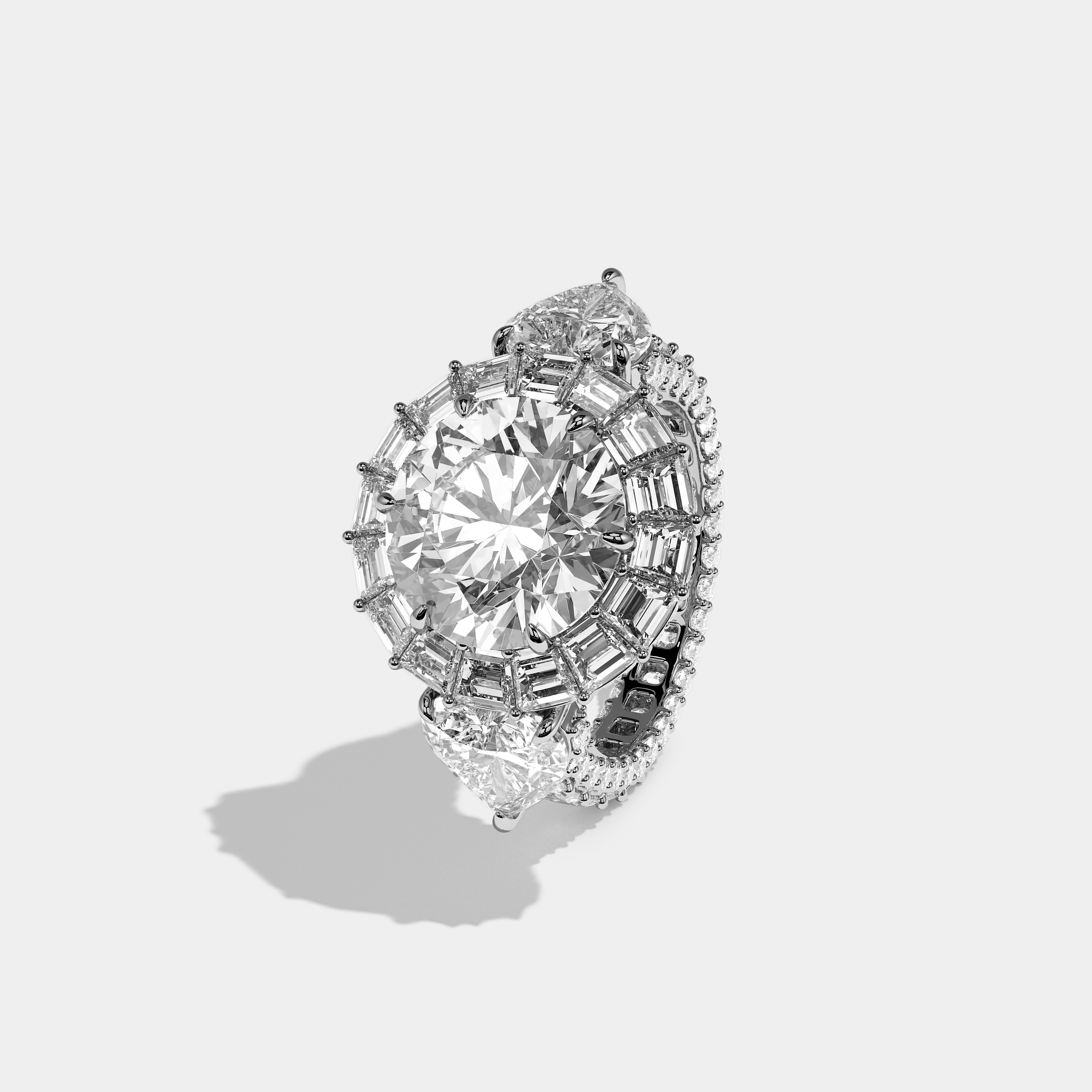 Shira 15.00ct diamond round brilliant halo engagement ring in 18K white gold by Kurbãni Durjini, left view