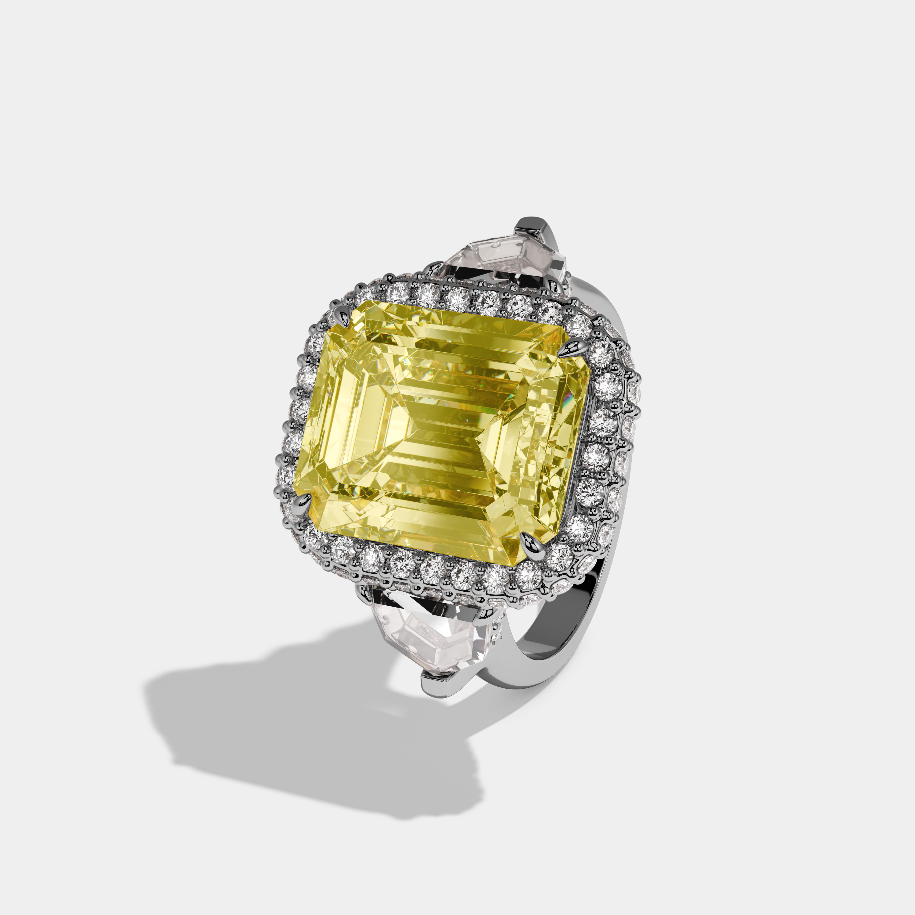 Evadore Fancy Yellow Emerald Cut Diamond Twin Halo With Pentagonal Side Diamond Band Engagement Ring 10ct 18K White Gold