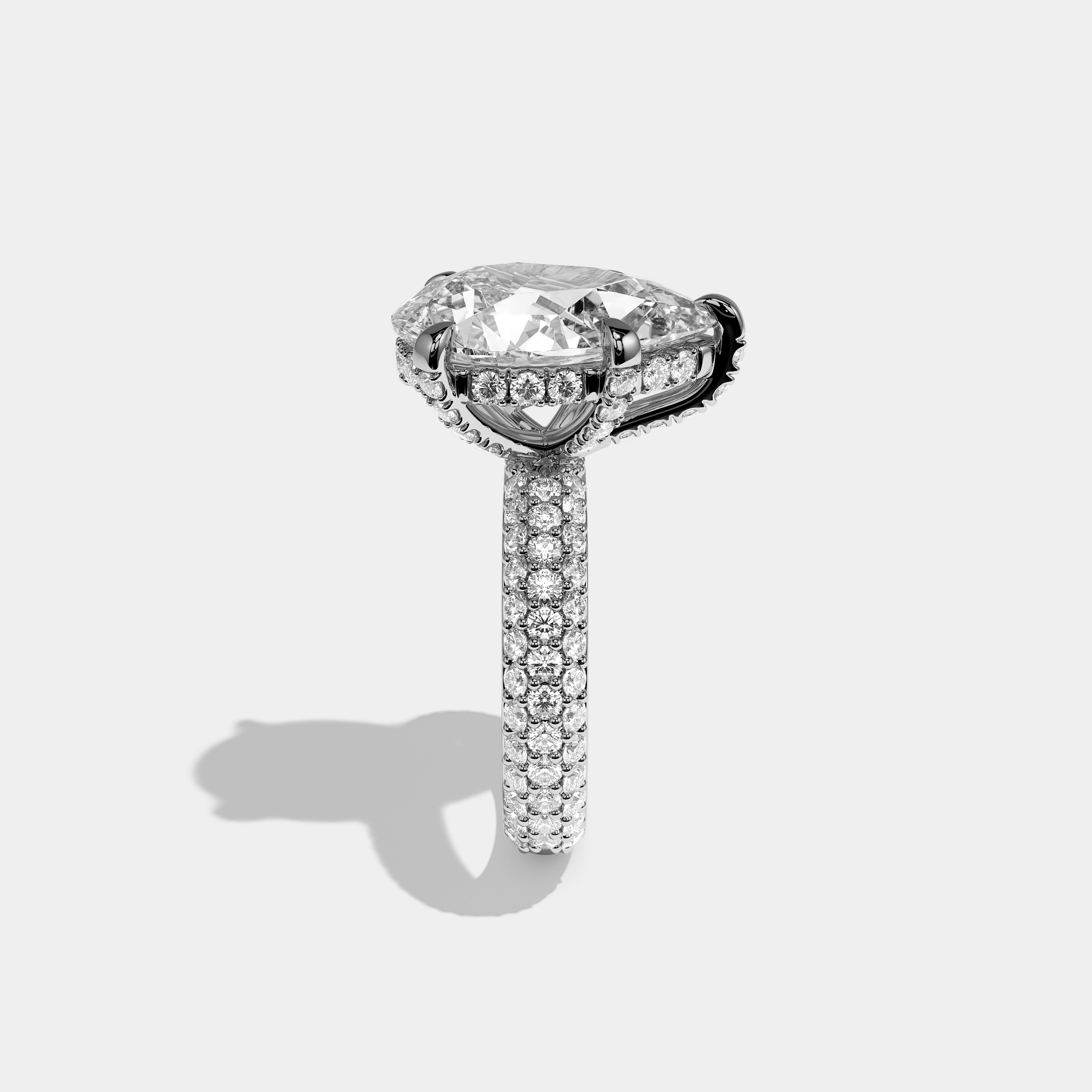 Shira 10.00ct diamond pear halo engagement ring in 18K white gold by Kurbãni Durjini, side view