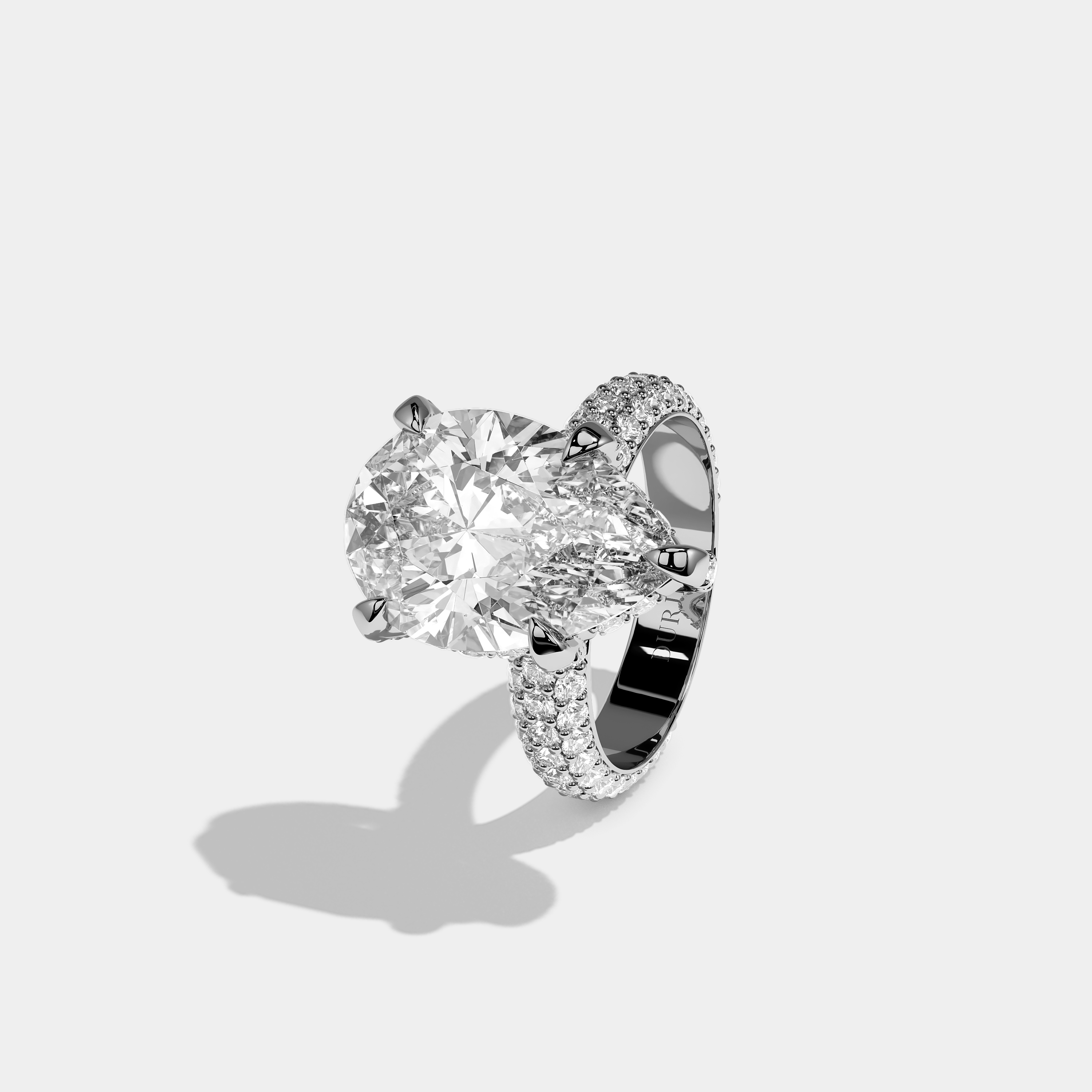 Shira 10.00ct diamond pear halo engagement ring in 18K white gold by Kurbãni Durjini, left view