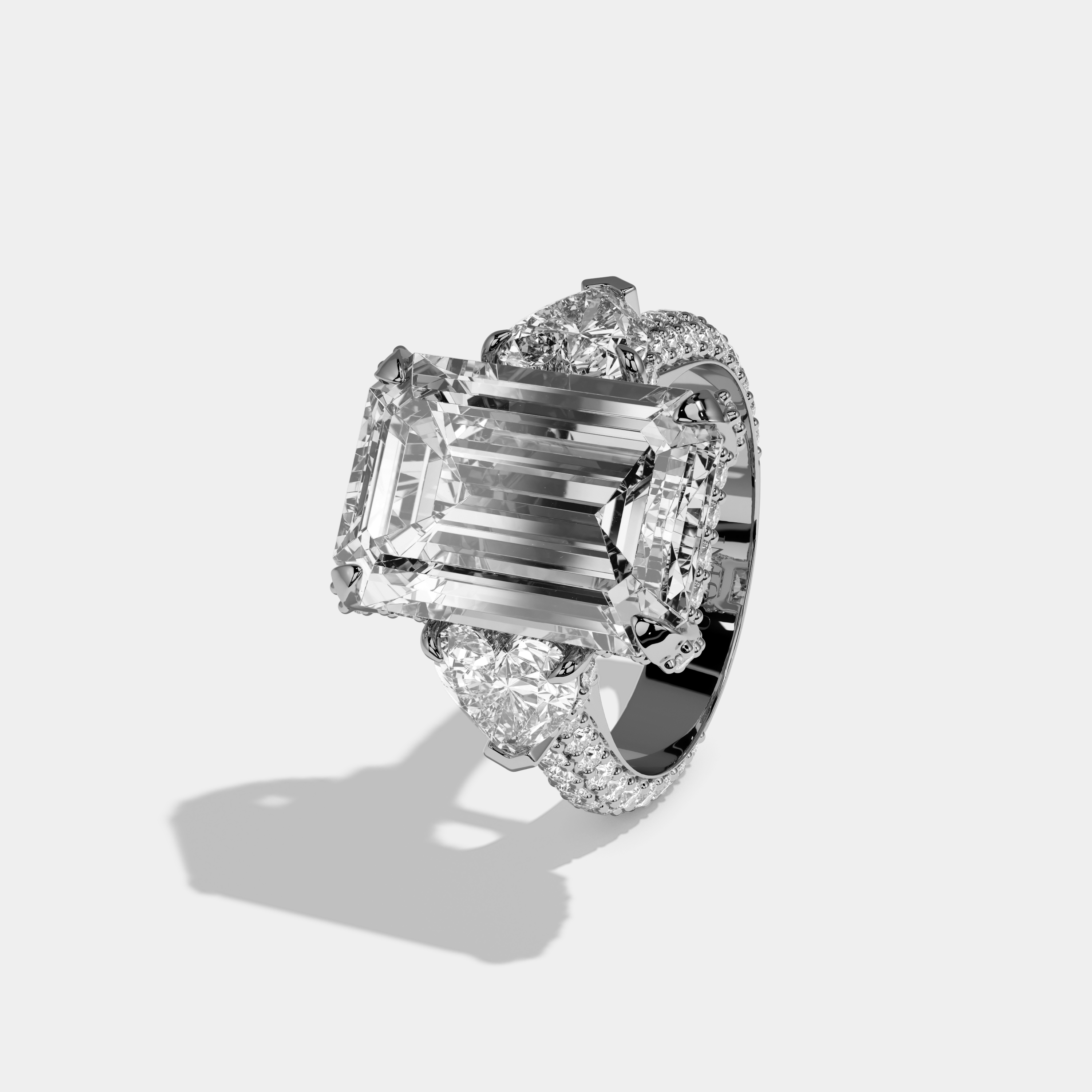 Valemere Emerald Cut Diamond Halo Band With Twin Heart Sides Engagement Ring 10ct 18k White Gold
