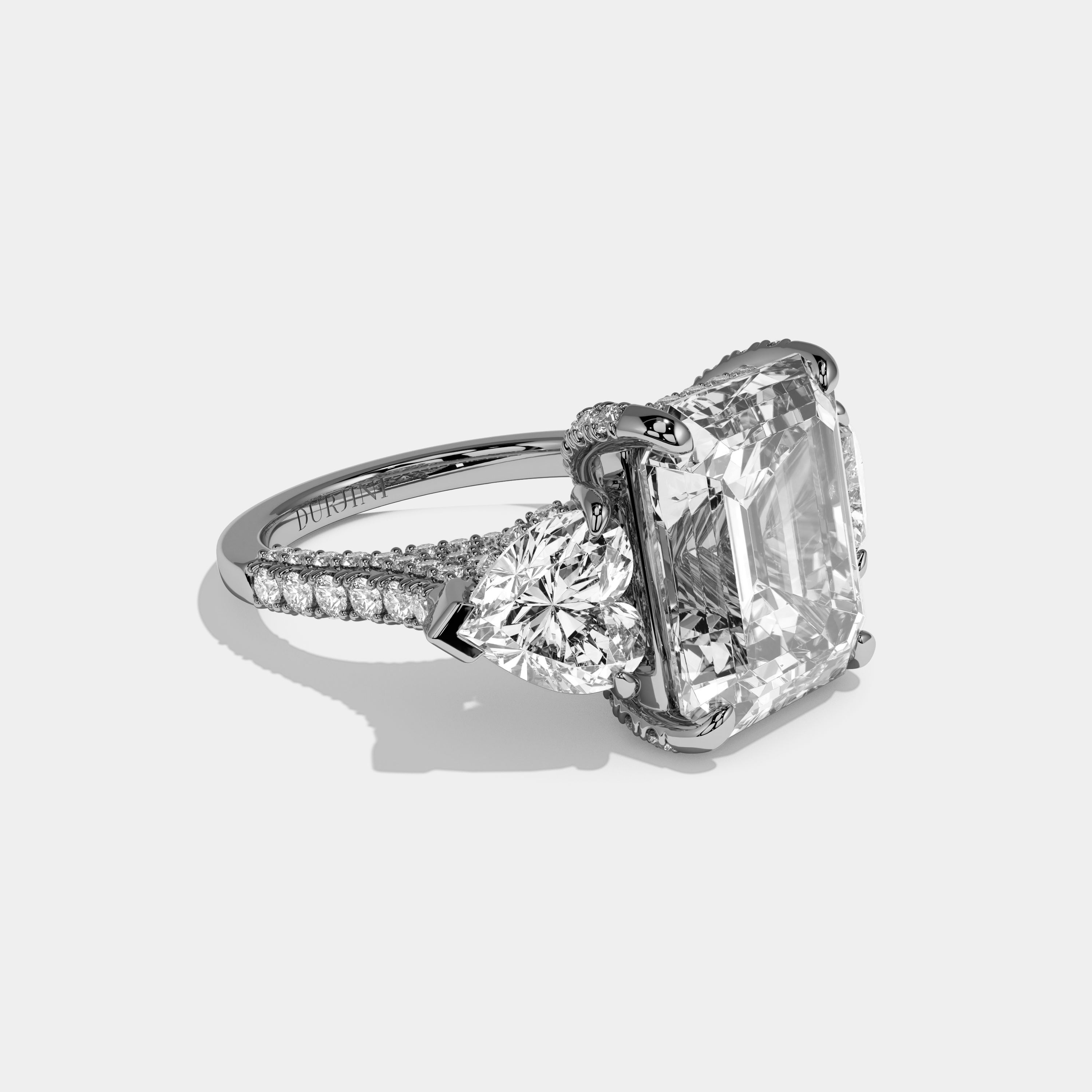 Alexandra Emerald Cut Diamond Halo With Twin Heart Sides Engagement Ring 10ct 18k White Gold