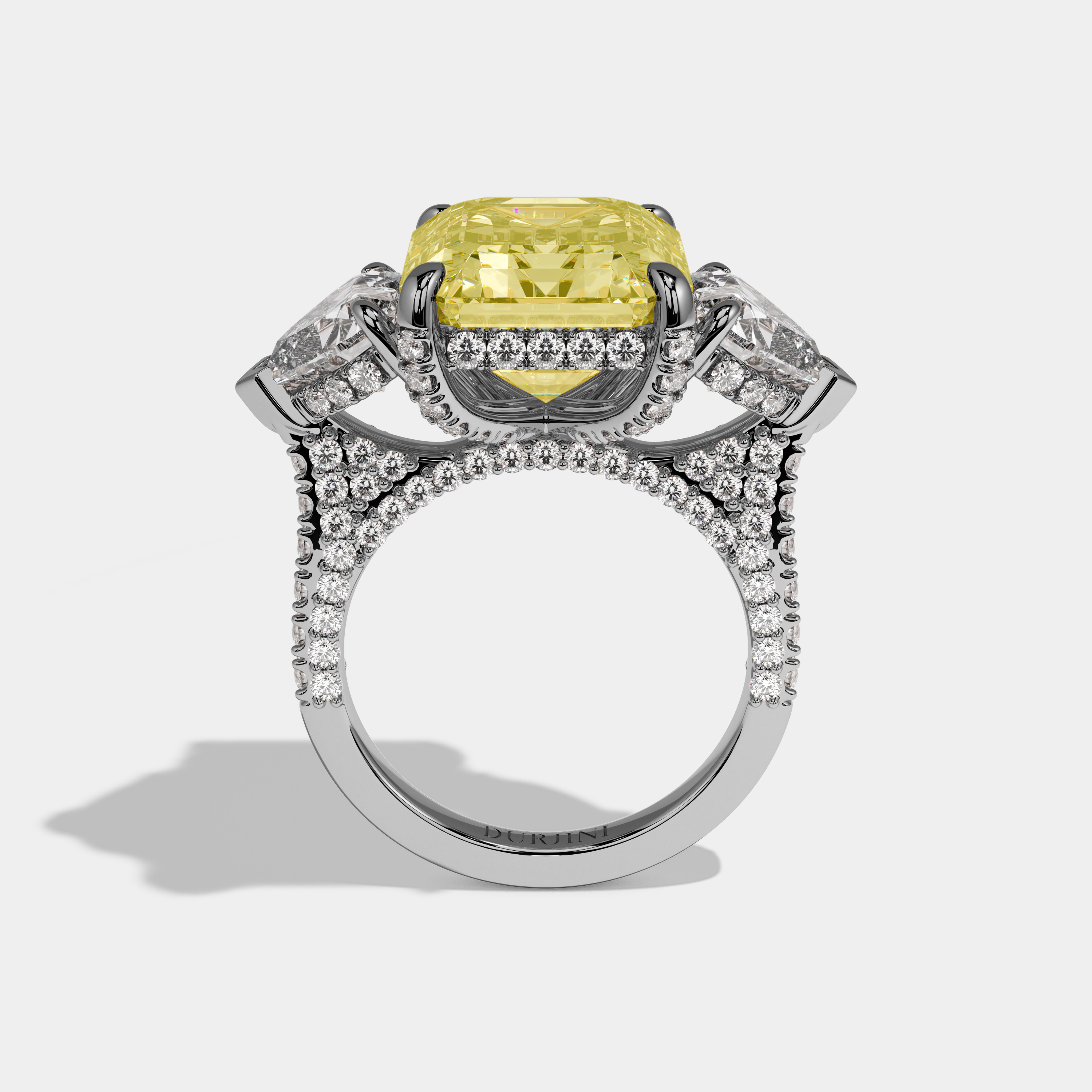 Alexandra Fancy Yellow Emerald Cut Diamond Halo With Twin Heart Sides Engagement Ring 10ct 18k White Gold