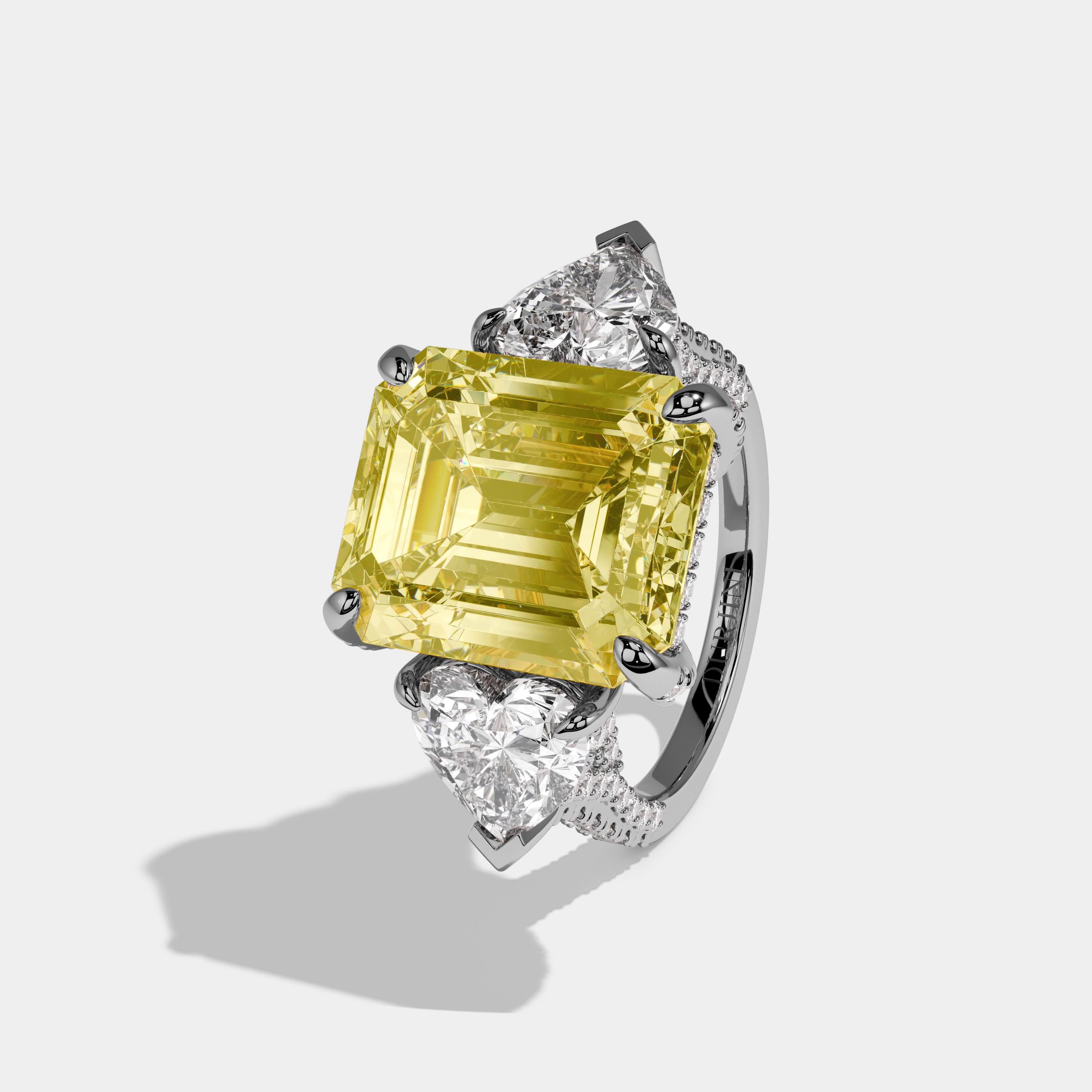 Alexandra Fancy Yellow Emerald Cut Diamond Halo With Twin Heart Sides Engagement Ring 10ct 18k White Gold