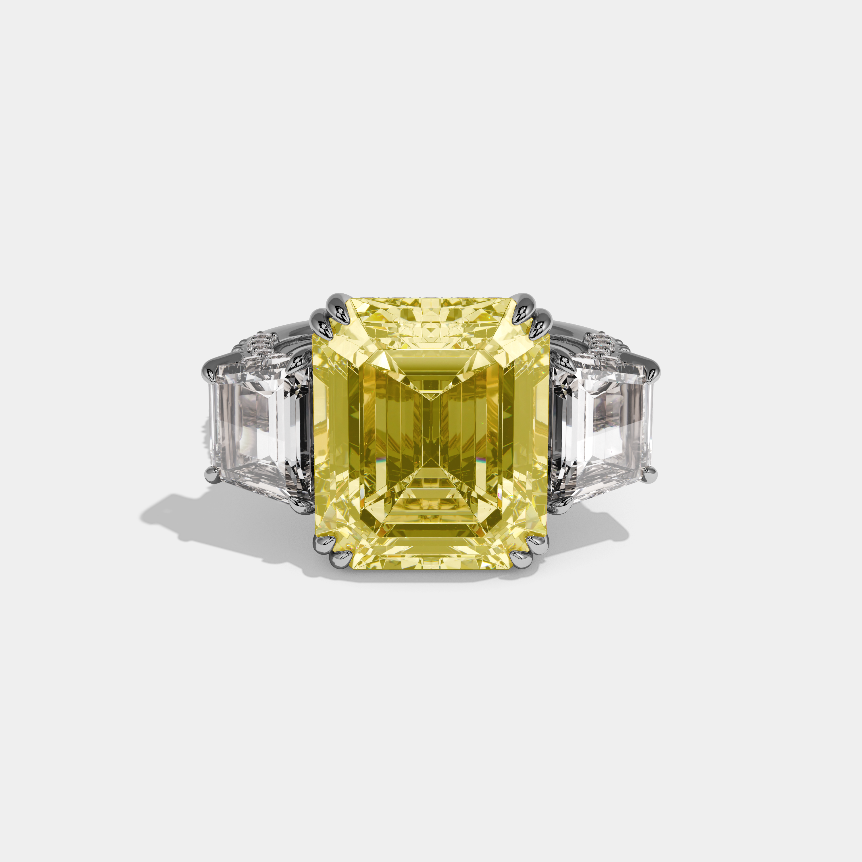 Catherine Fancy Yellow Emerald Cut Diamond Halo With Step Cut Side Diamond Band Engagement Ring 10ct 18k White Gold