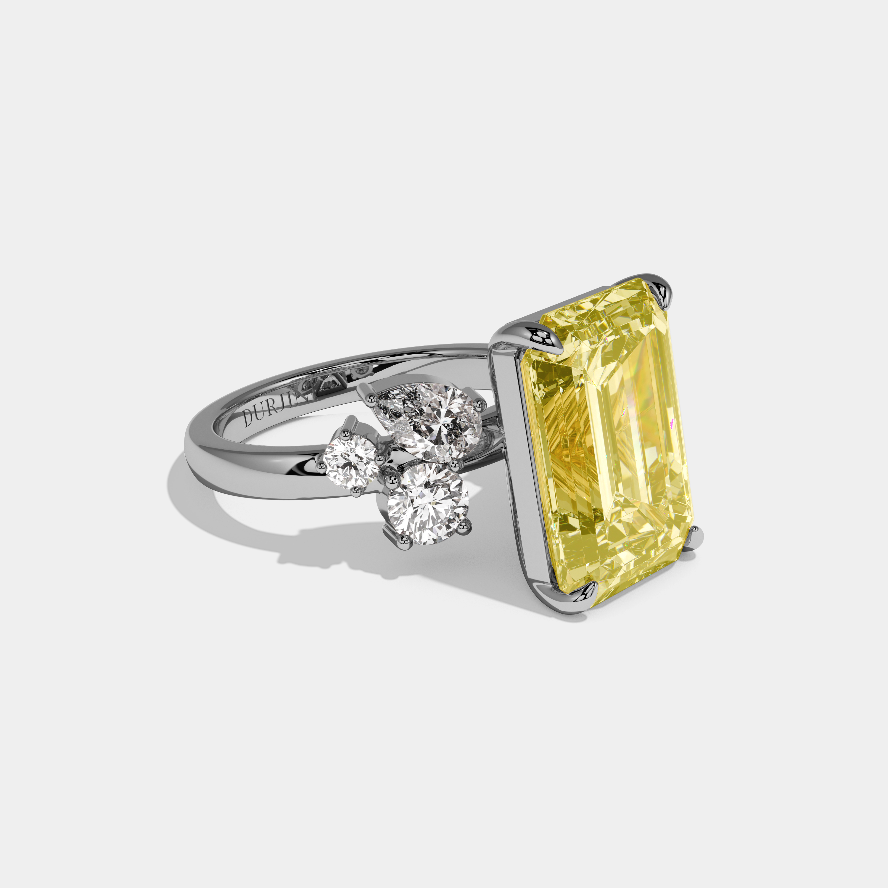 Louisa Fancy Yellow Emerald Cut Diamond Halo Band With Twin Pear Sides Engagement Ring 10ct 18k White Gold