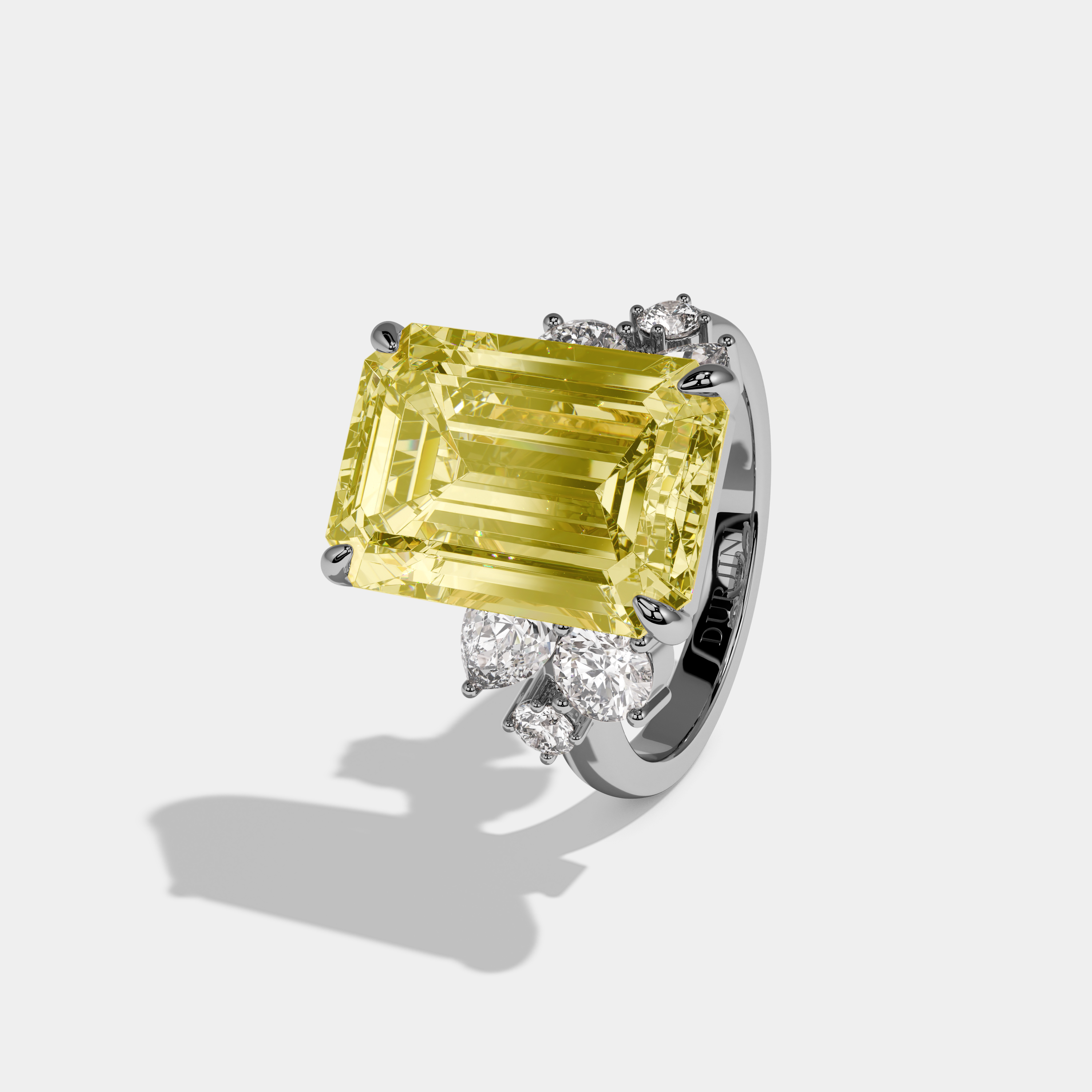 Louisa Fancy Yellow Emerald Cut Diamond Halo Band With Twin Pear Sides Engagement Ring 10ct 18k White Gold