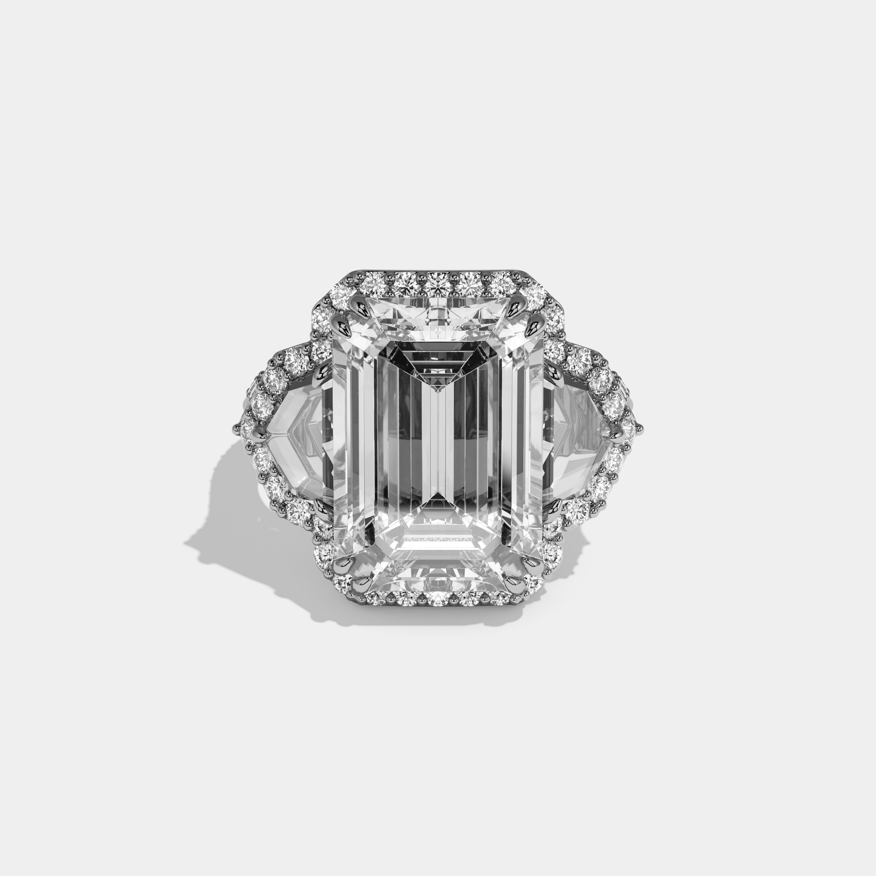 Amelia Emerald Cut Diamond Halo With Pentagon Sides Engagement Ring 10ct 18k White Gold