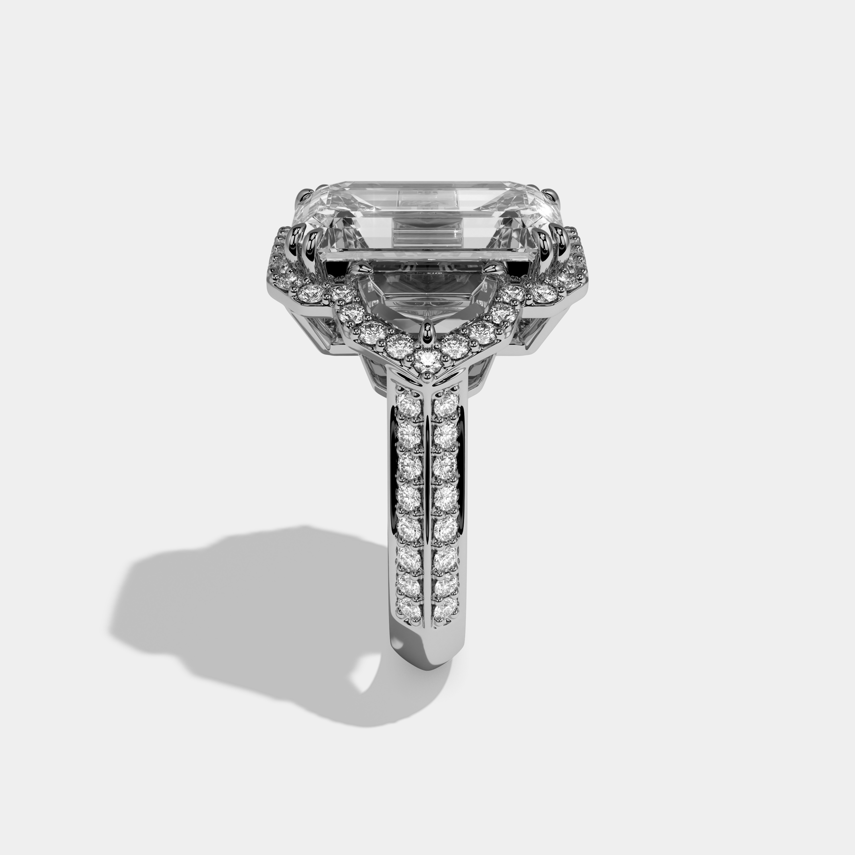 Amelia Emerald Cut Diamond Halo With Pentagon Sides Engagement Ring 10ct 18k White Gold