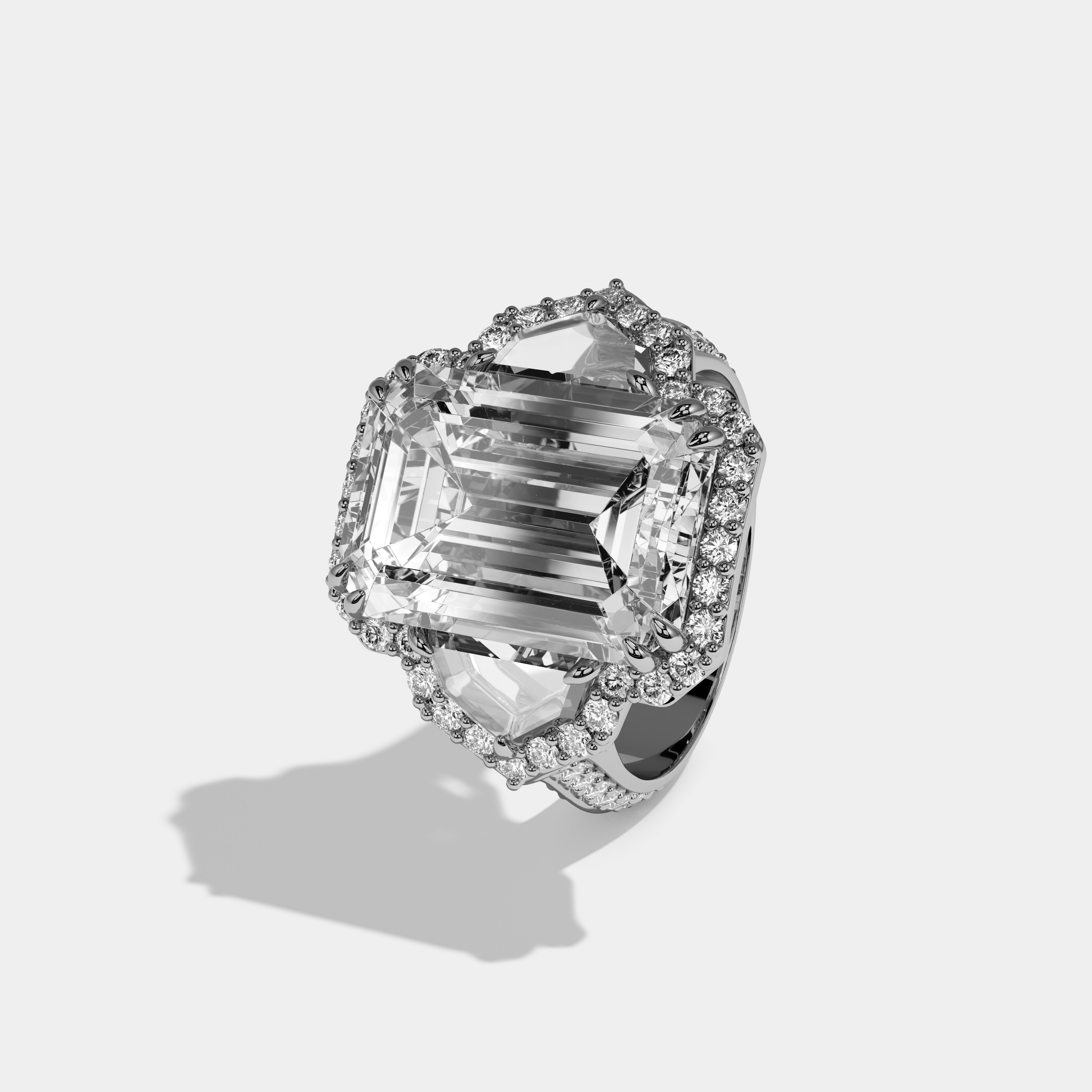 Amelia Emerald Cut Diamond Halo With Pentagon Sides Engagement Ring 10ct 18k White Gold
