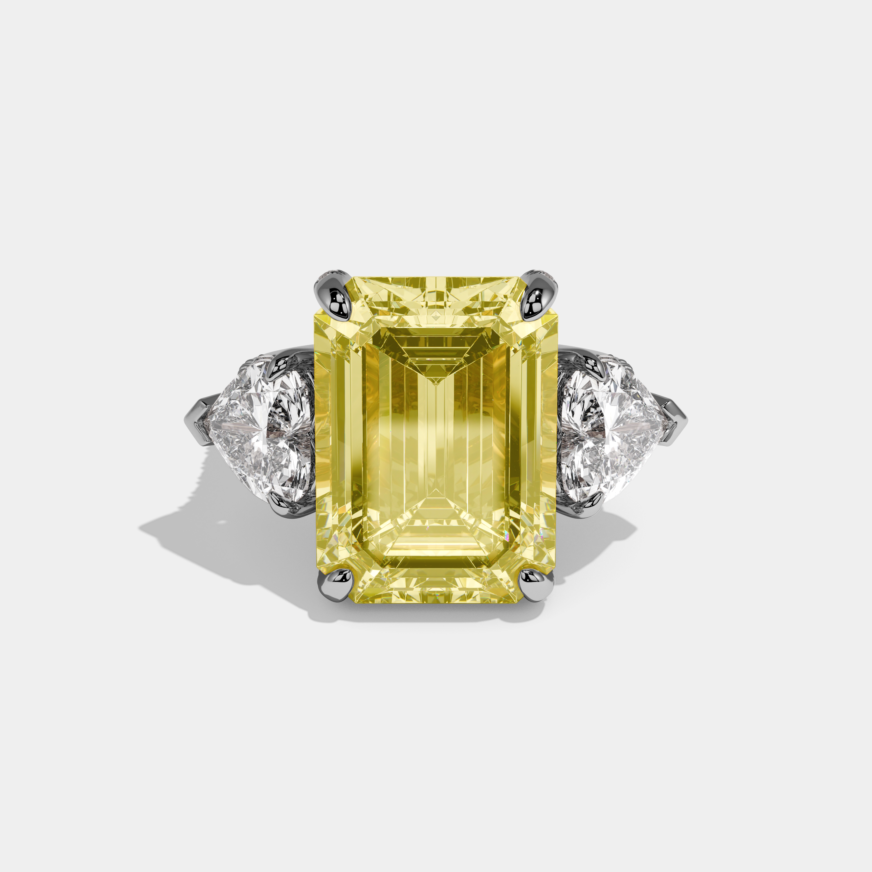 Margaret Fancy Yellow Emerald Cut Diamond Halo With Twin Heart Sides Engagement Ring 10ct 18K White Gold