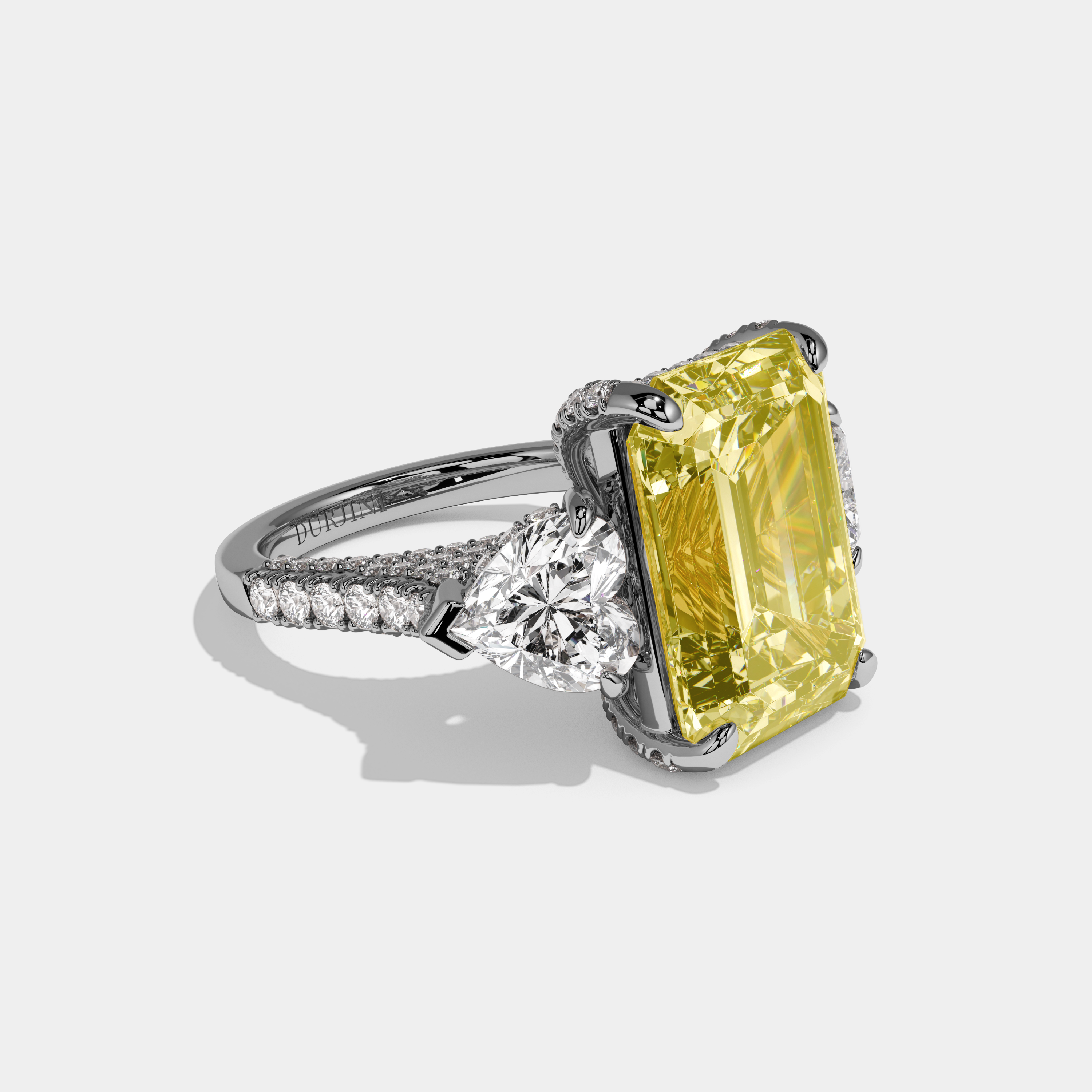 Margaret Fancy Yellow Emerald Cut Diamond Halo With Twin Heart Sides Engagement Ring 10ct 18K White Gold