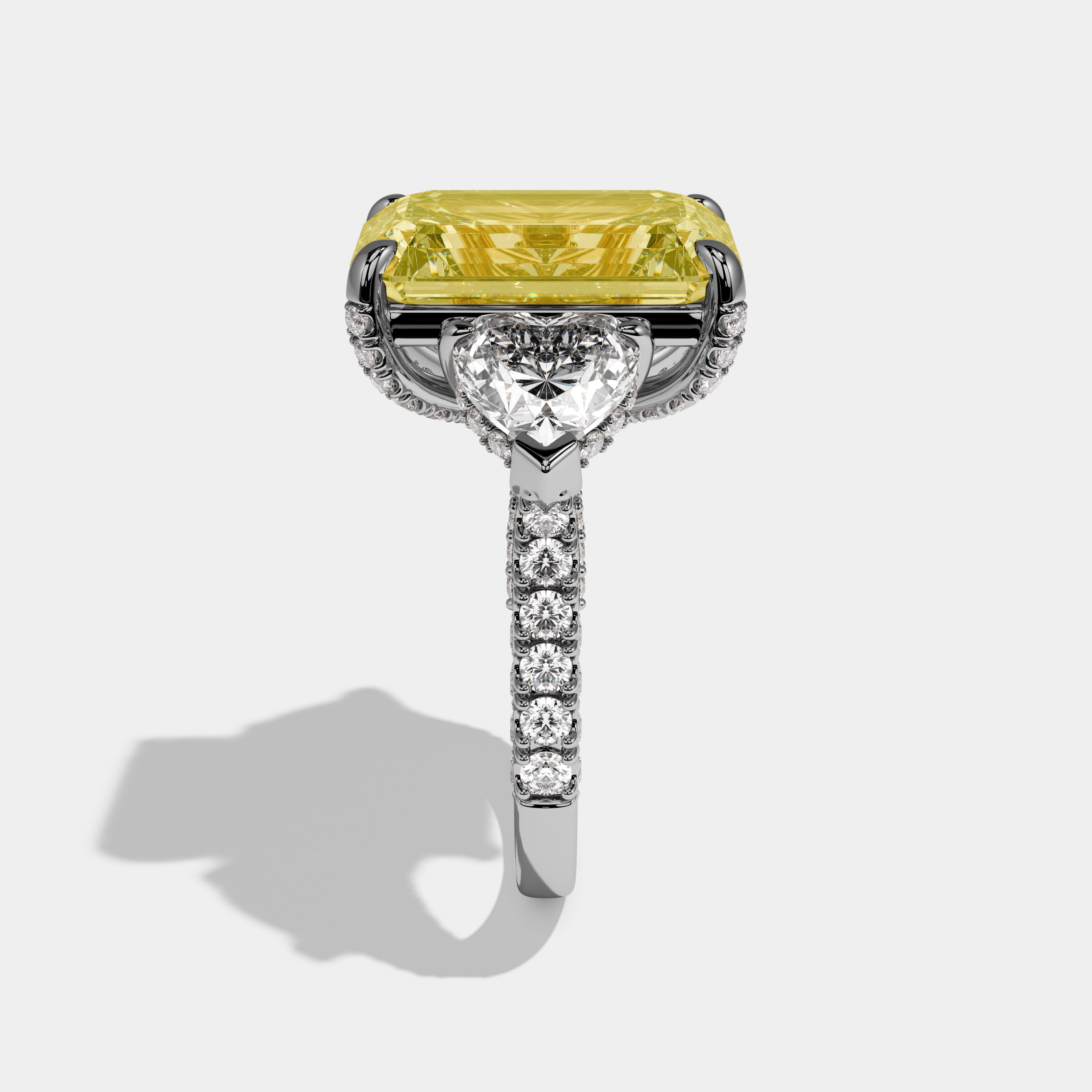 Juliet Fancy Yellow Emerald Cut Diamond Band With Heart Sides Engagement Ring 10ct 18k White Gold