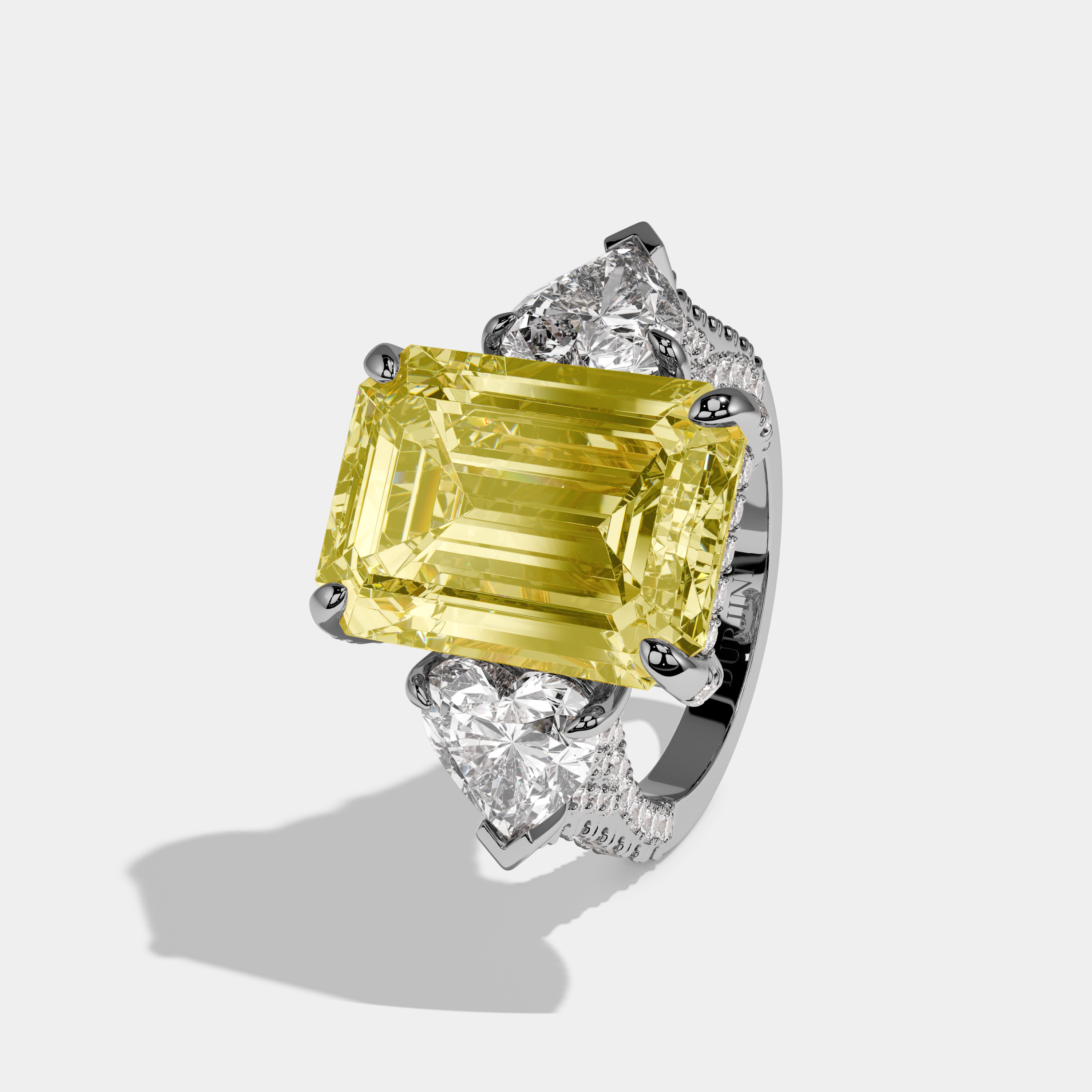 Juliet Fancy Yellow Emerald Cut Diamond Band With Heart Sides Engagement Ring 10ct 18k White Gold