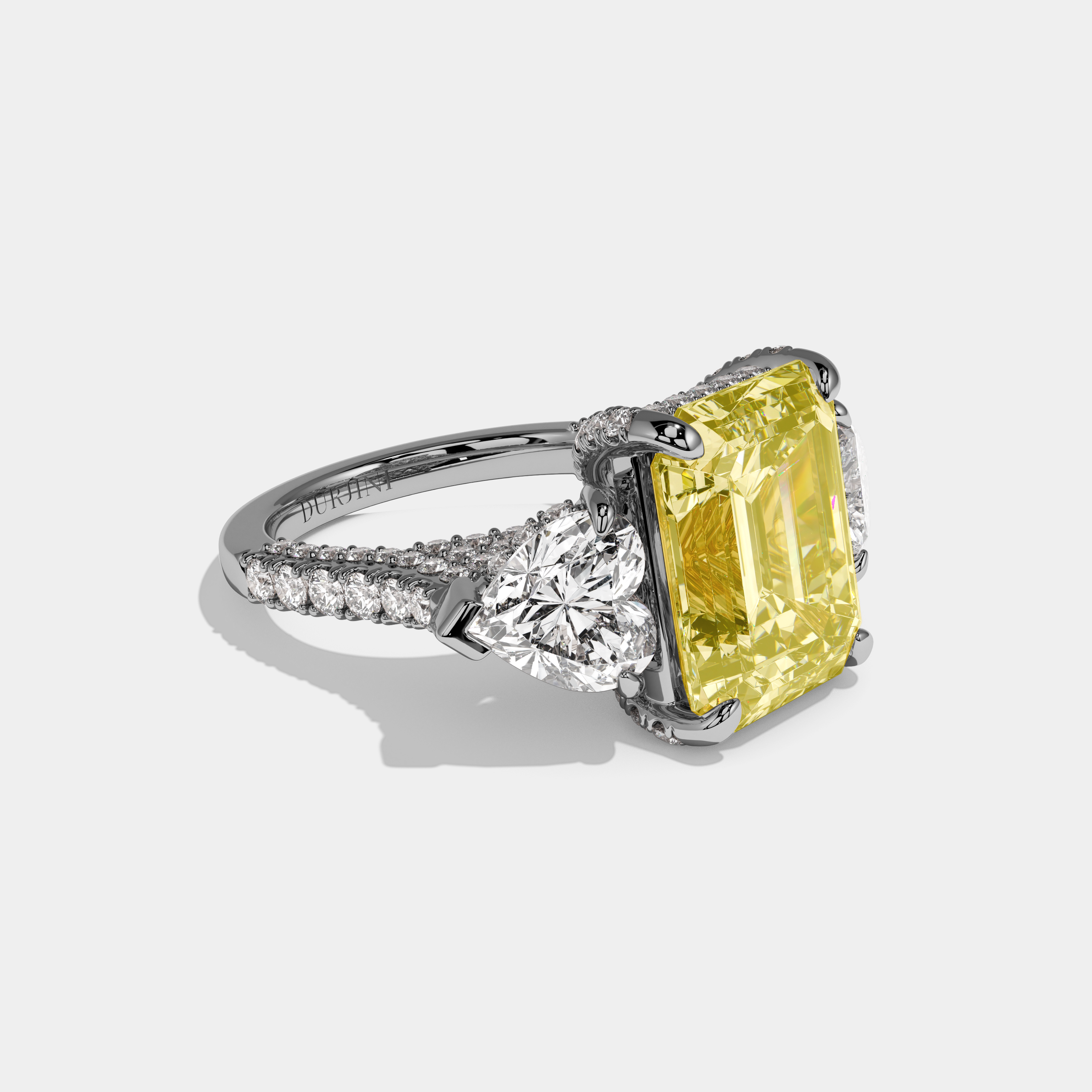 Veloria Fancy Yellow Emerald Cut Diamond Halo With Heart Sides & Diamond Band Engagement Ring 10ct 18k White Gold
