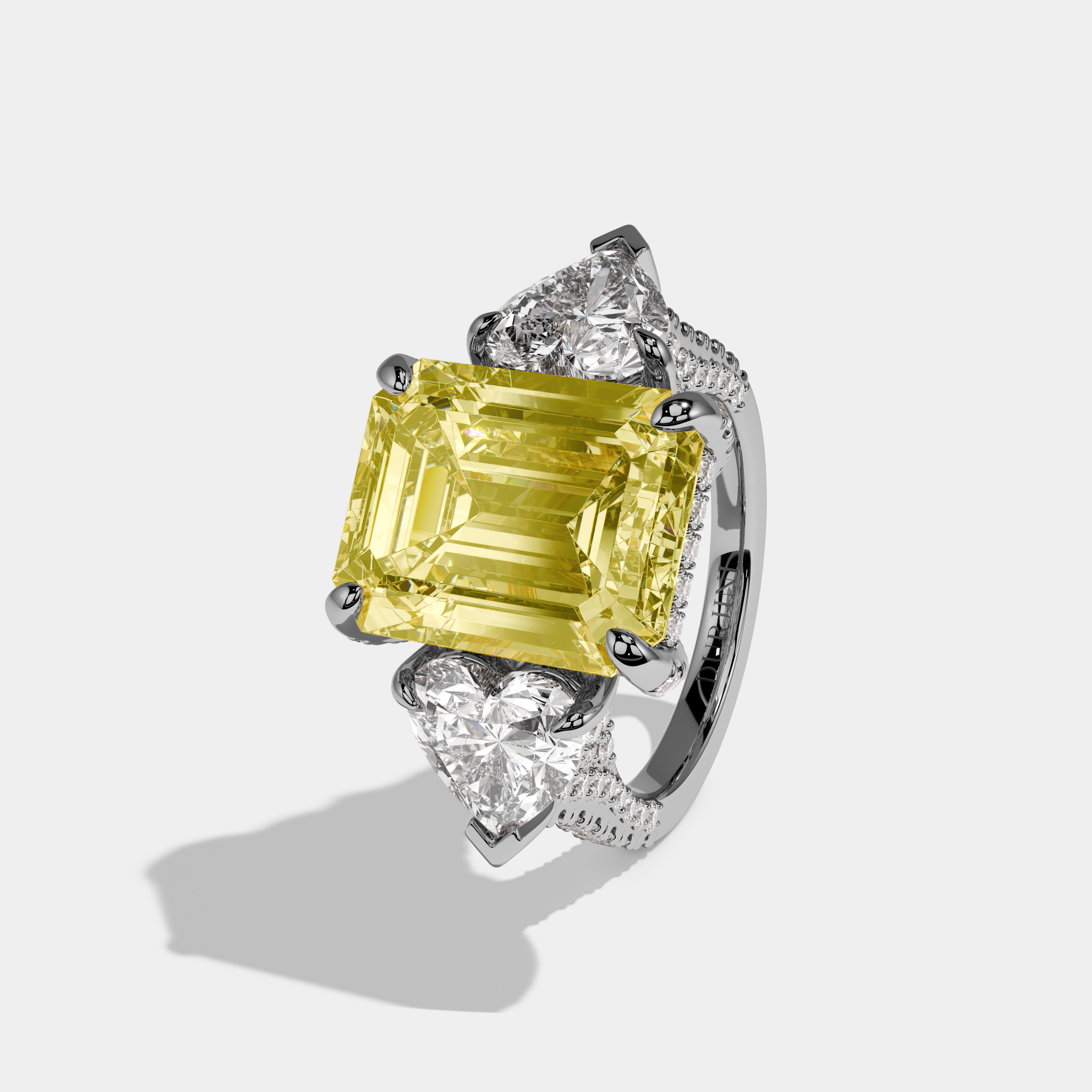 Veloria Fancy Yellow Emerald Cut Diamond Halo With Heart Sides & Diamond Band Engagement Ring 10ct 18k White Gold