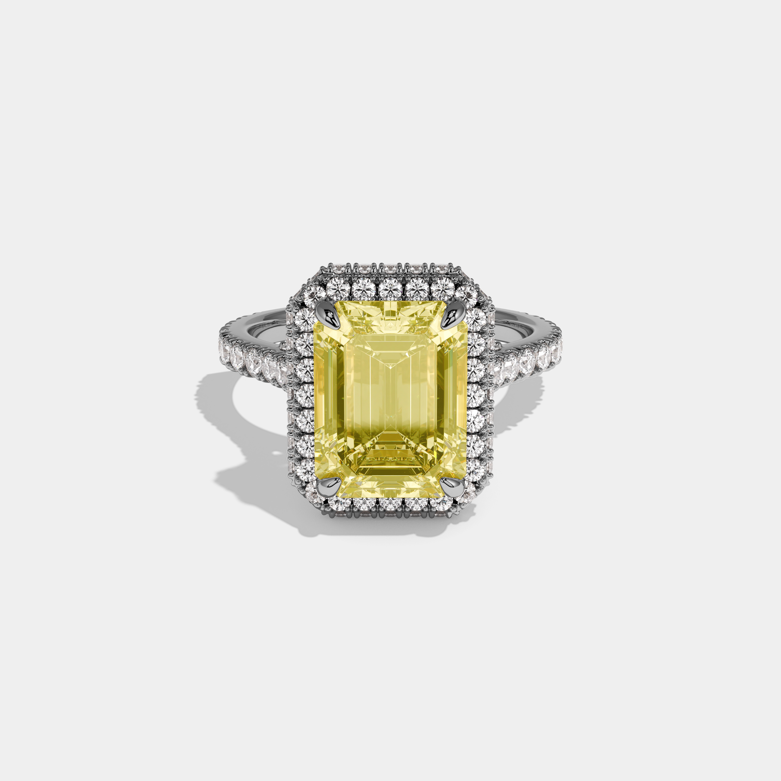 Valerose Fancy Yellow Emerald Cut Diamond Double Halo Band Engagement Ring 8ct 18k White Gold