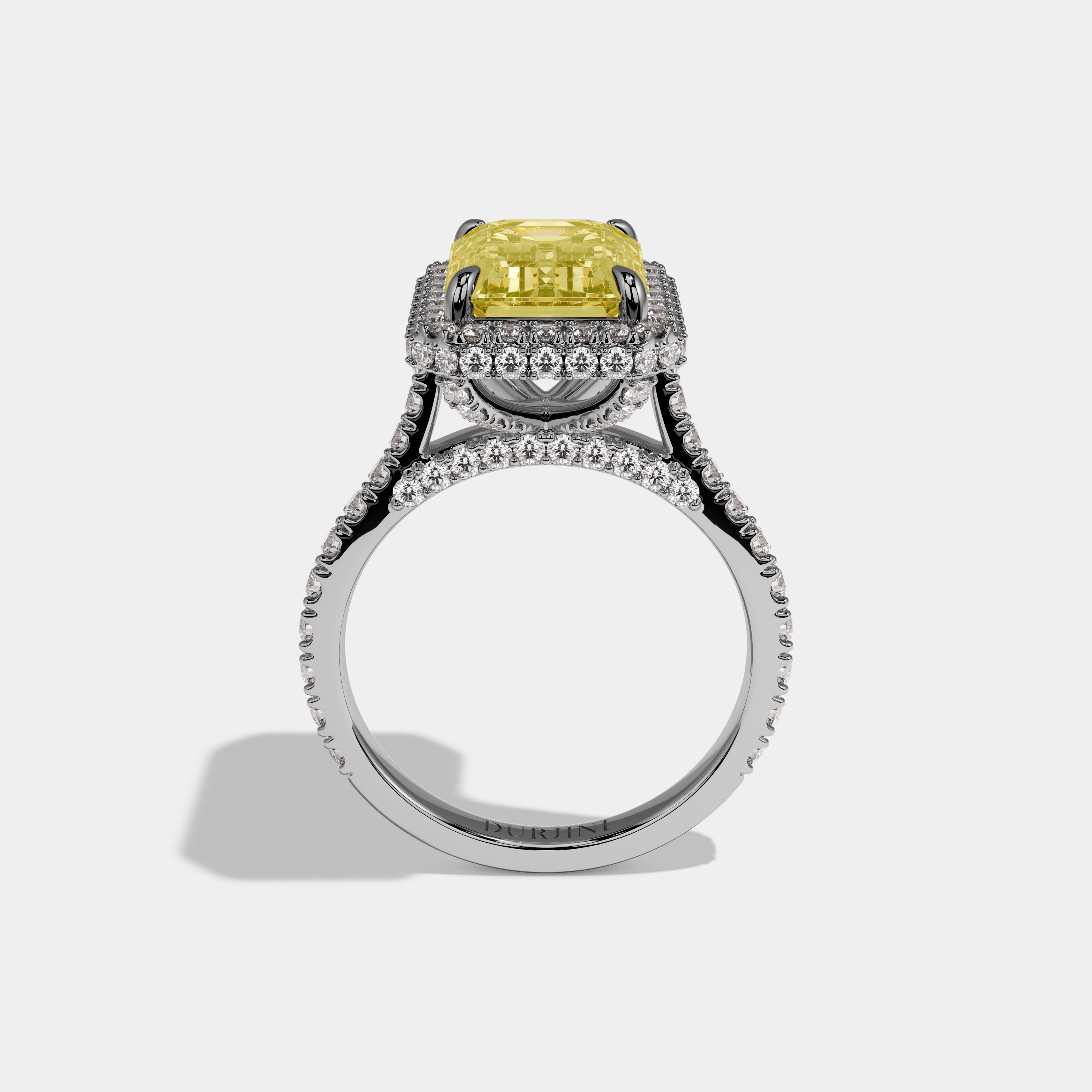 Valerose Fancy Yellow Emerald Cut Diamond Double Halo Band Engagement Ring 8ct 18k White Gold