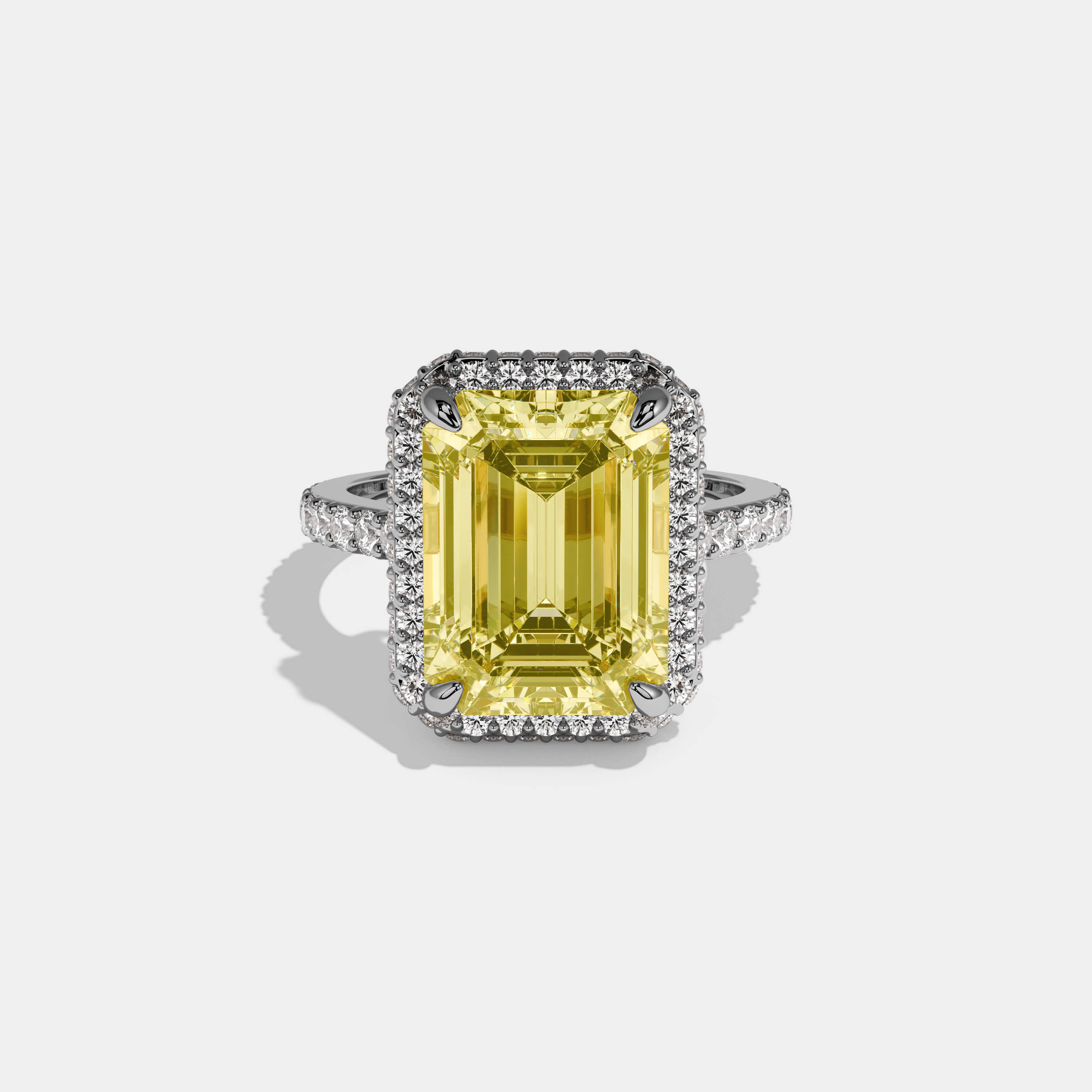 Louisa Fancy Yellow Emerald Cut Diamond Halo Band Engagement Ring 10ct 18k White Gold
