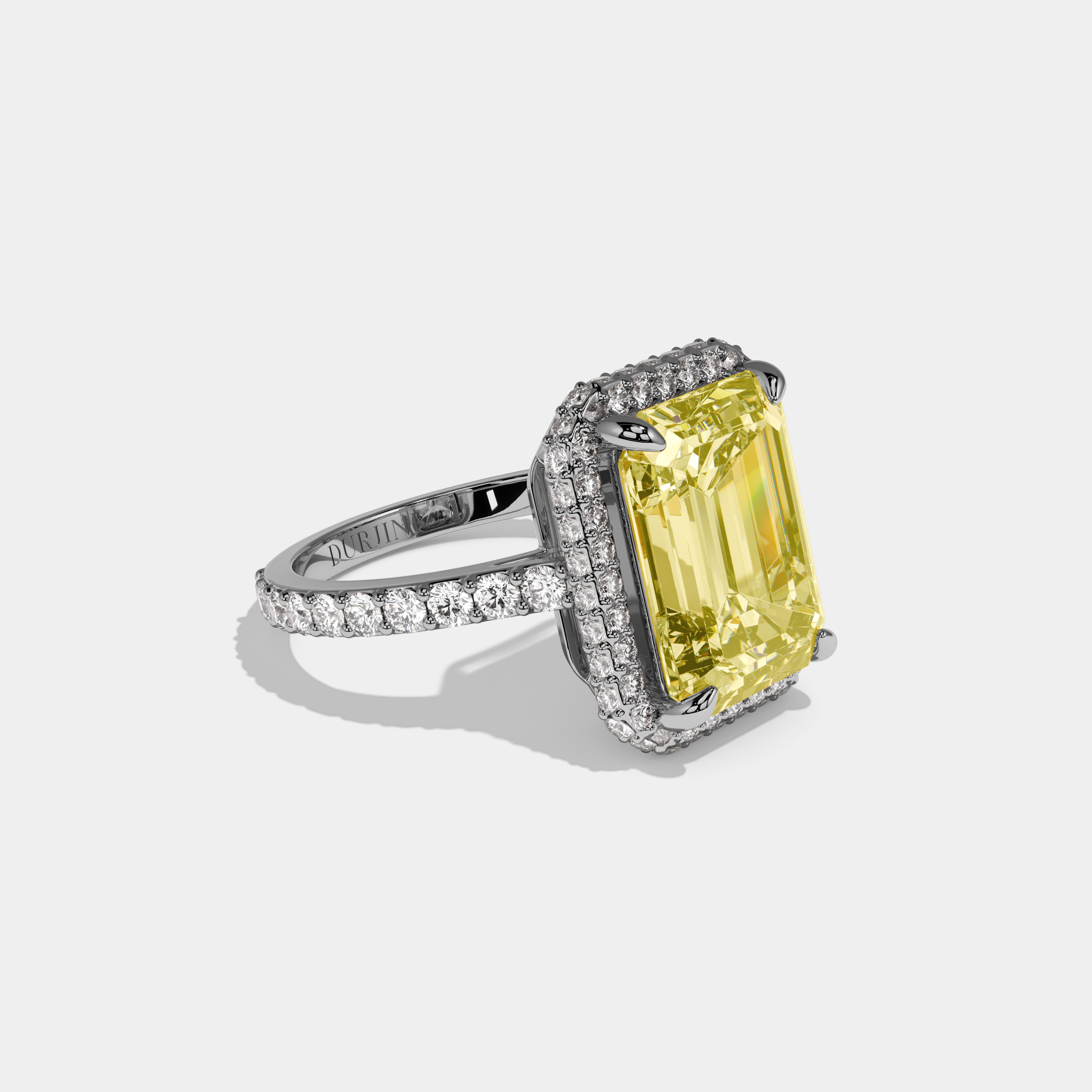 Louisa Fancy Yellow Emerald Cut Diamond Halo Band Engagement Ring 10ct 18k White Gold