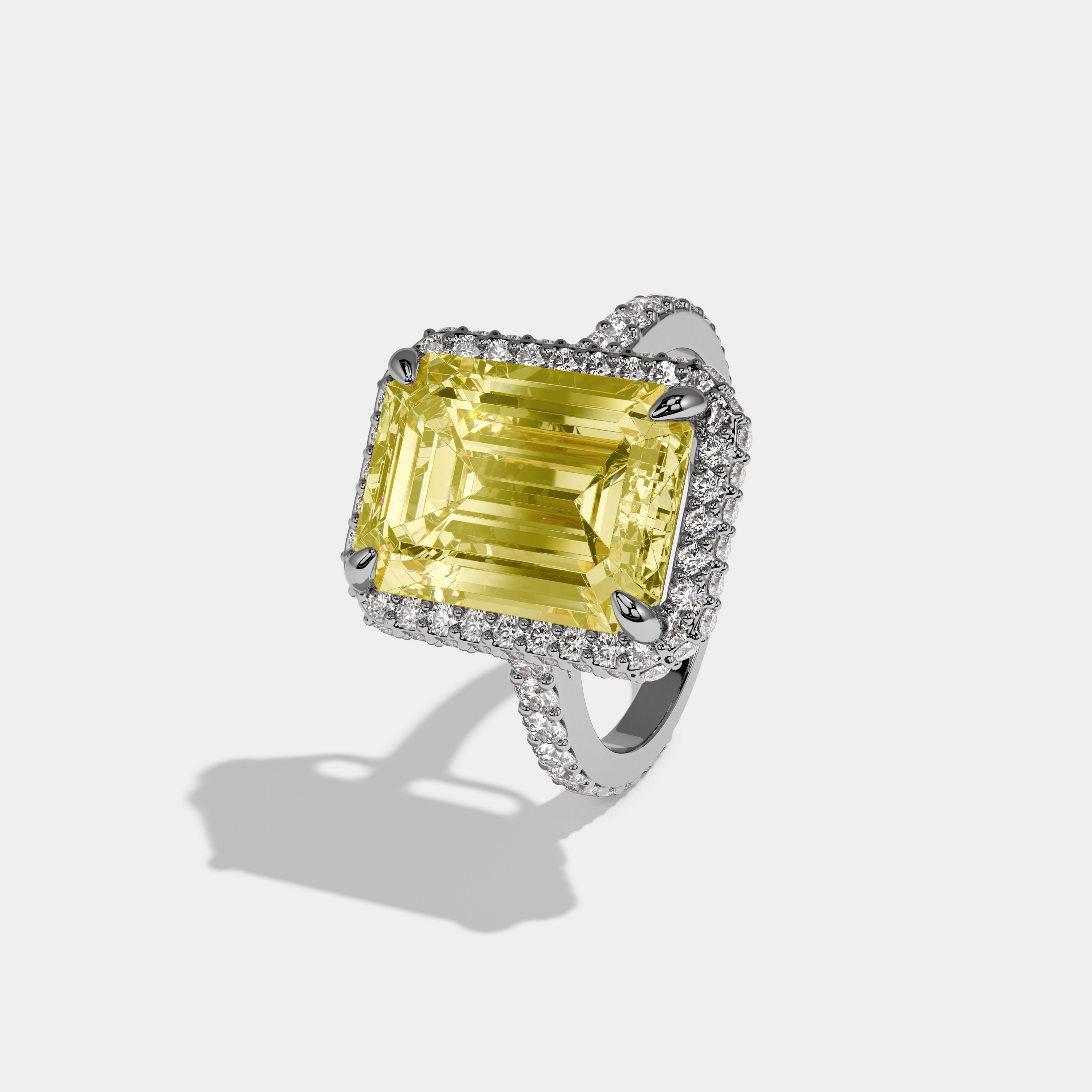 Louisa Fancy Yellow Emerald Cut Diamond Halo Band Engagement Ring 10ct 18k White Gold
