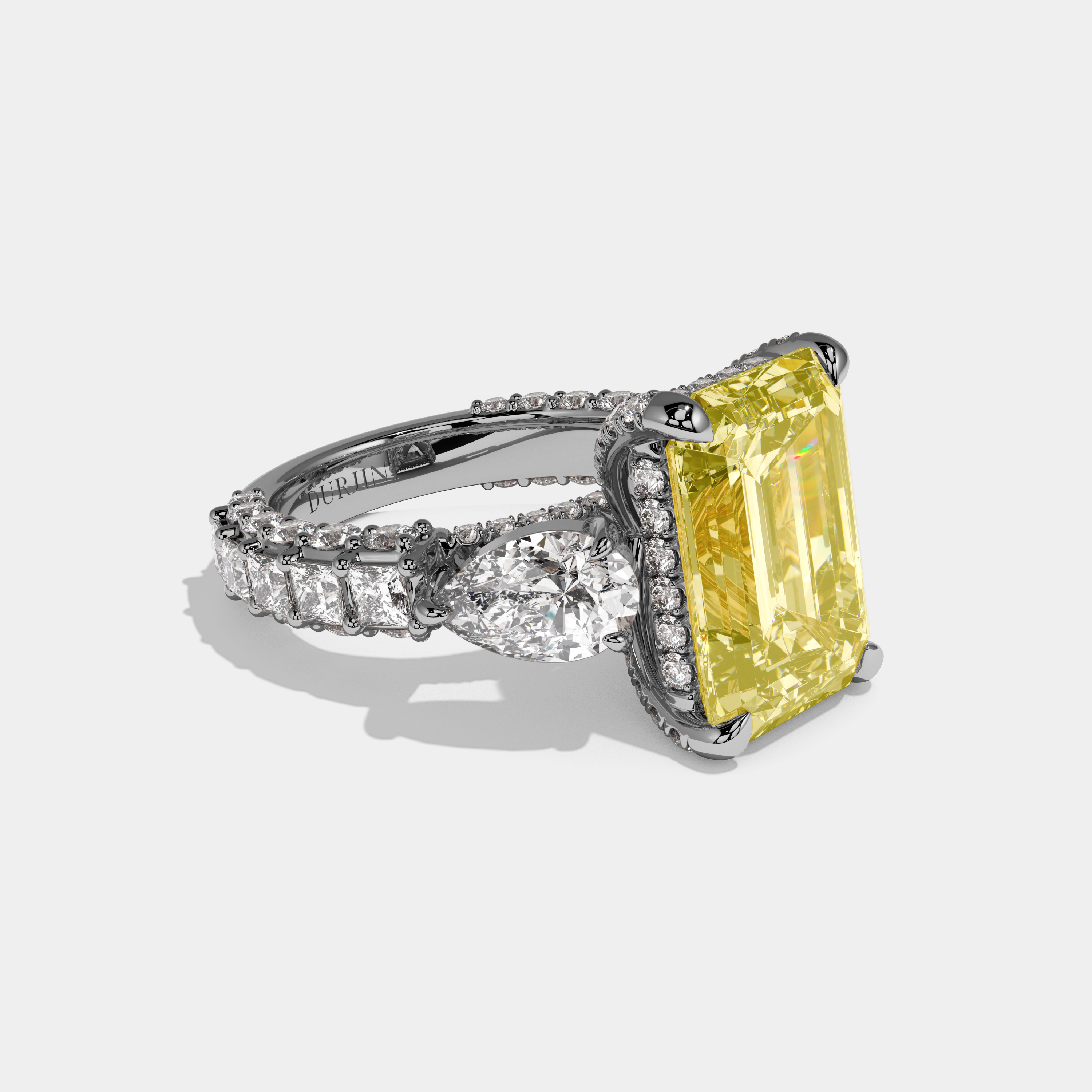 Francesca Fancy Yellow Emerald Cut Diamond Princess Band With Pear Sides Engagement Ring 10ct 18k White Gold
