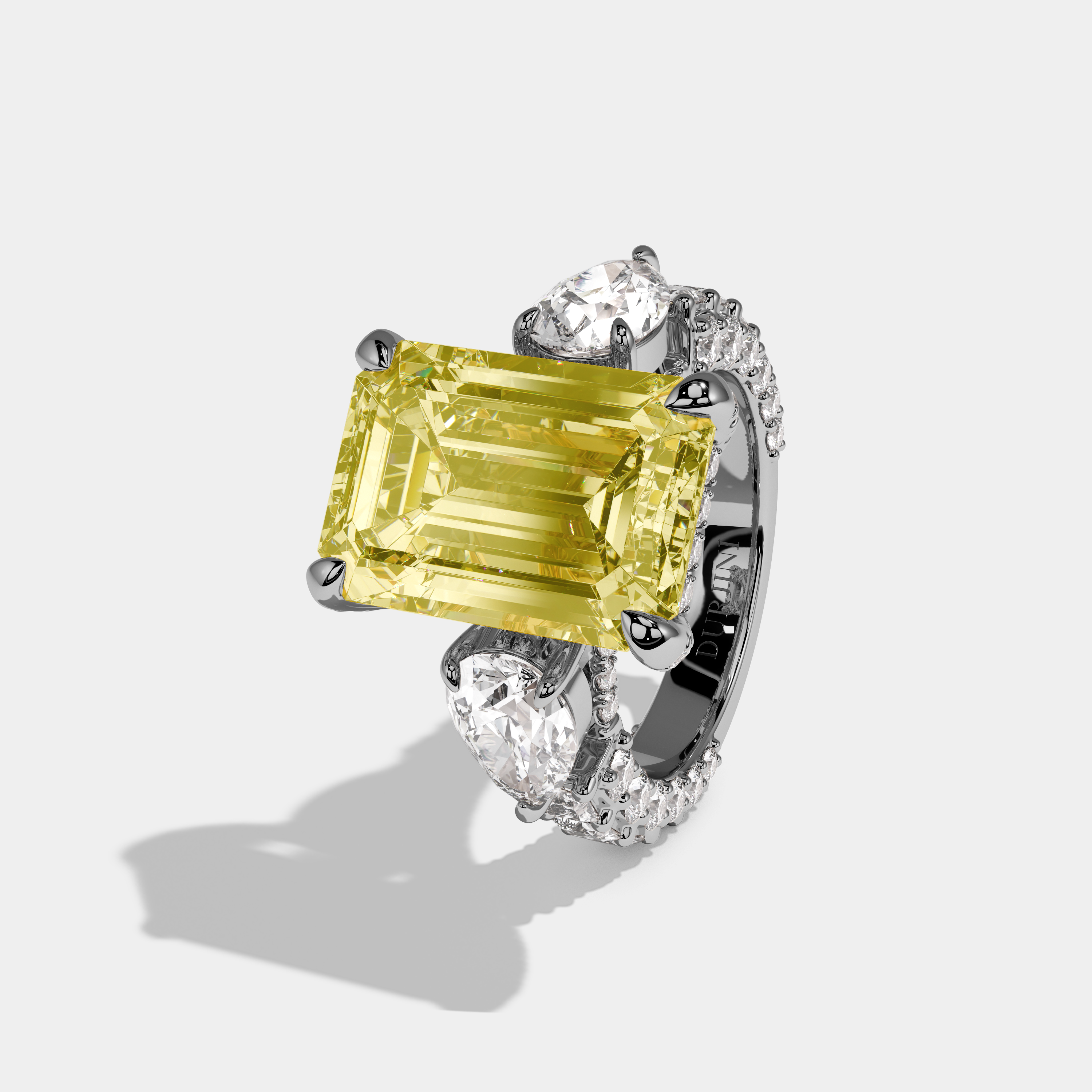 Francesca Fancy Yellow Emerald Cut Diamond Princess Band With Pear Sides Engagement Ring 10ct 18k White Gold